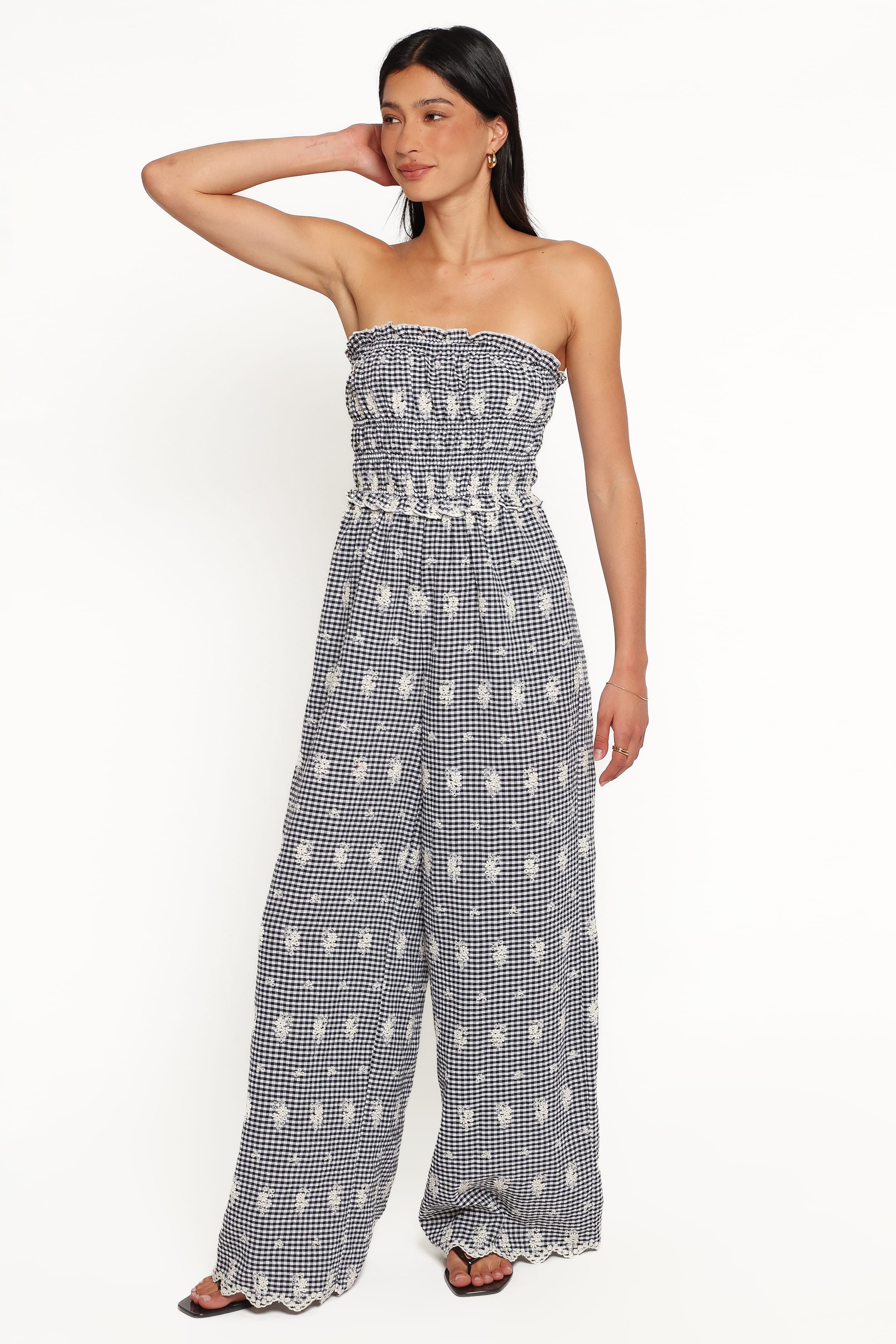 PLAYSUITS Yulissa Strapless Jumpsuit - Black Gingham Broderie