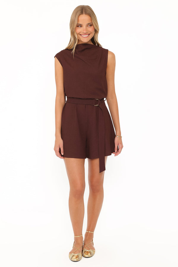 PLAYSUITS Zaia Belted Knit Romper - Chocolate Brown