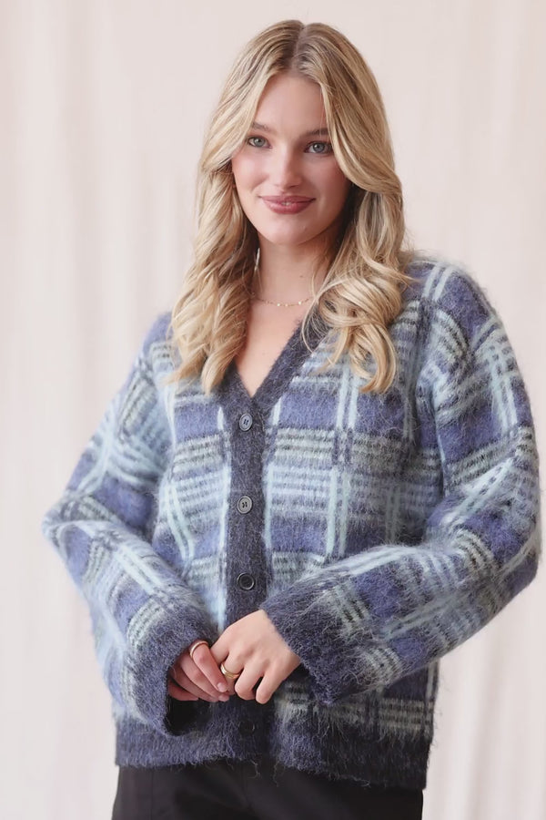 Arnica Boxy Cardigan - Blue Plaid