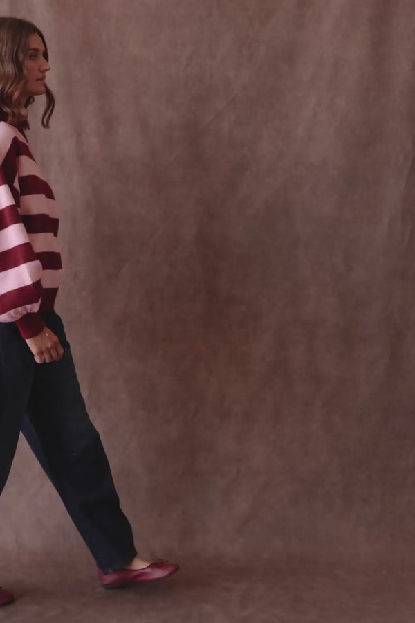 Misha Off Shoulder Sweater - Pink Burgundy Stripe