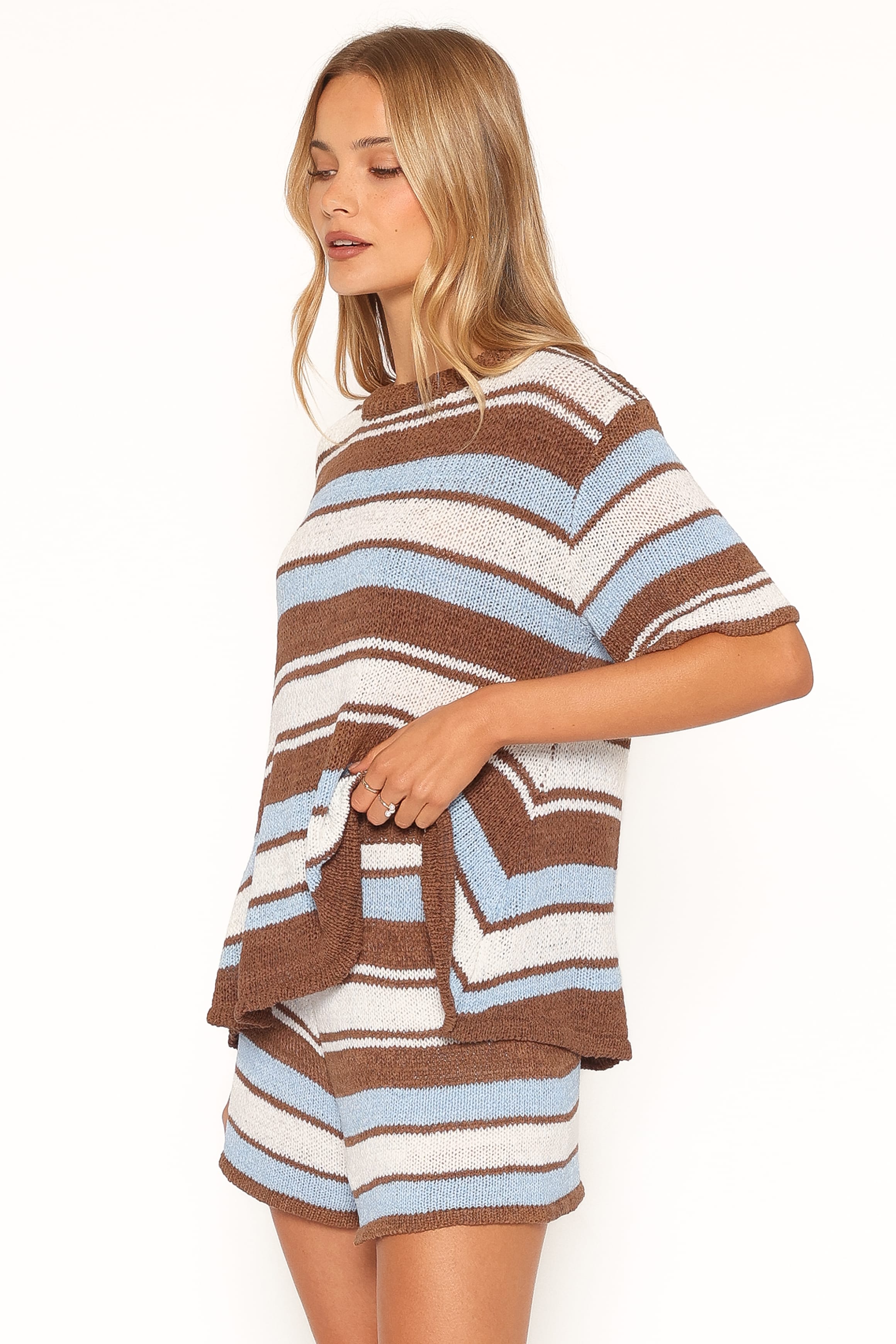 SETS Aisling Knitted Short Set - Blue Brown Stripe