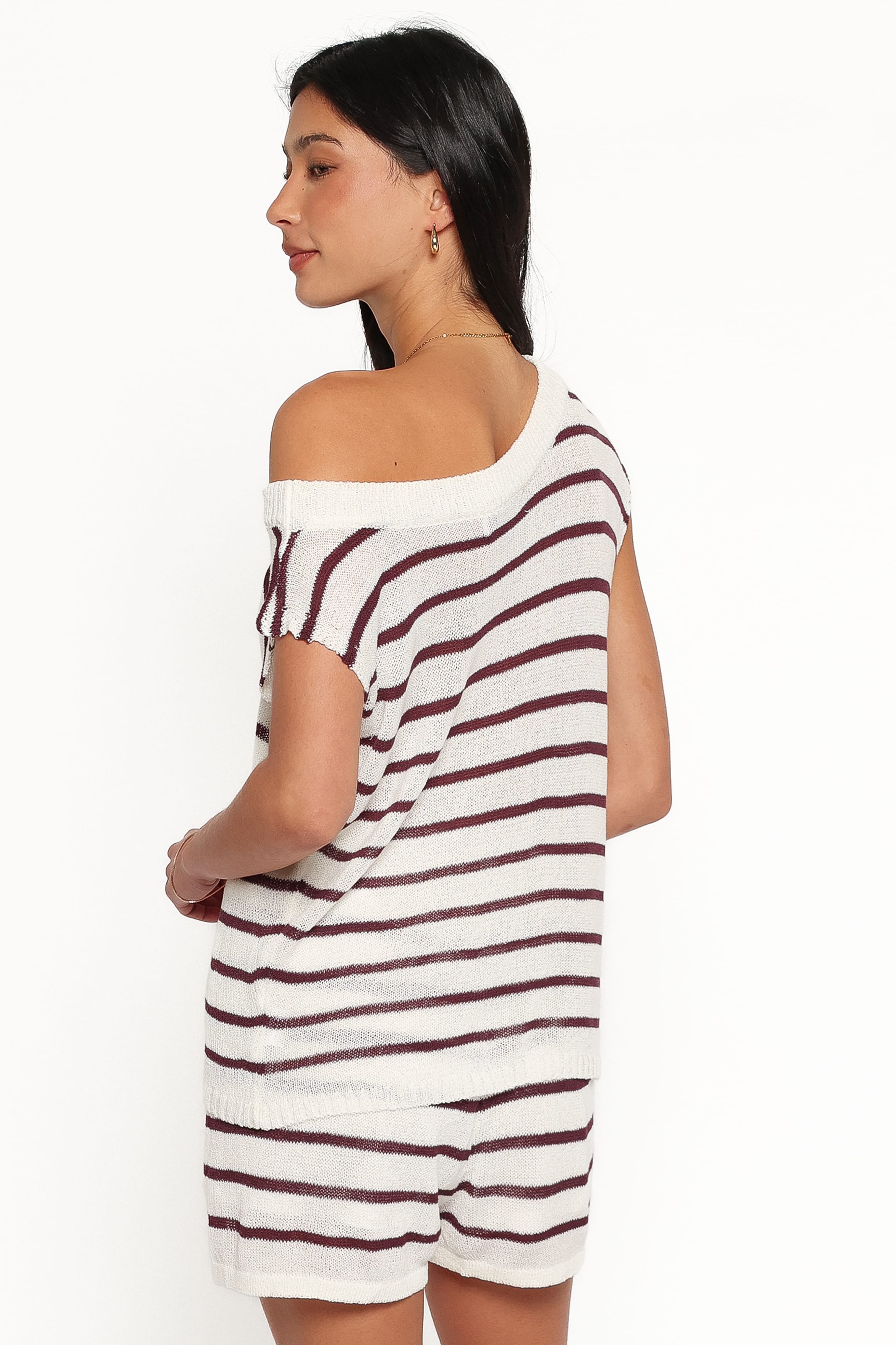 SETS Janie Knitted Short Set - White Plum Stripe