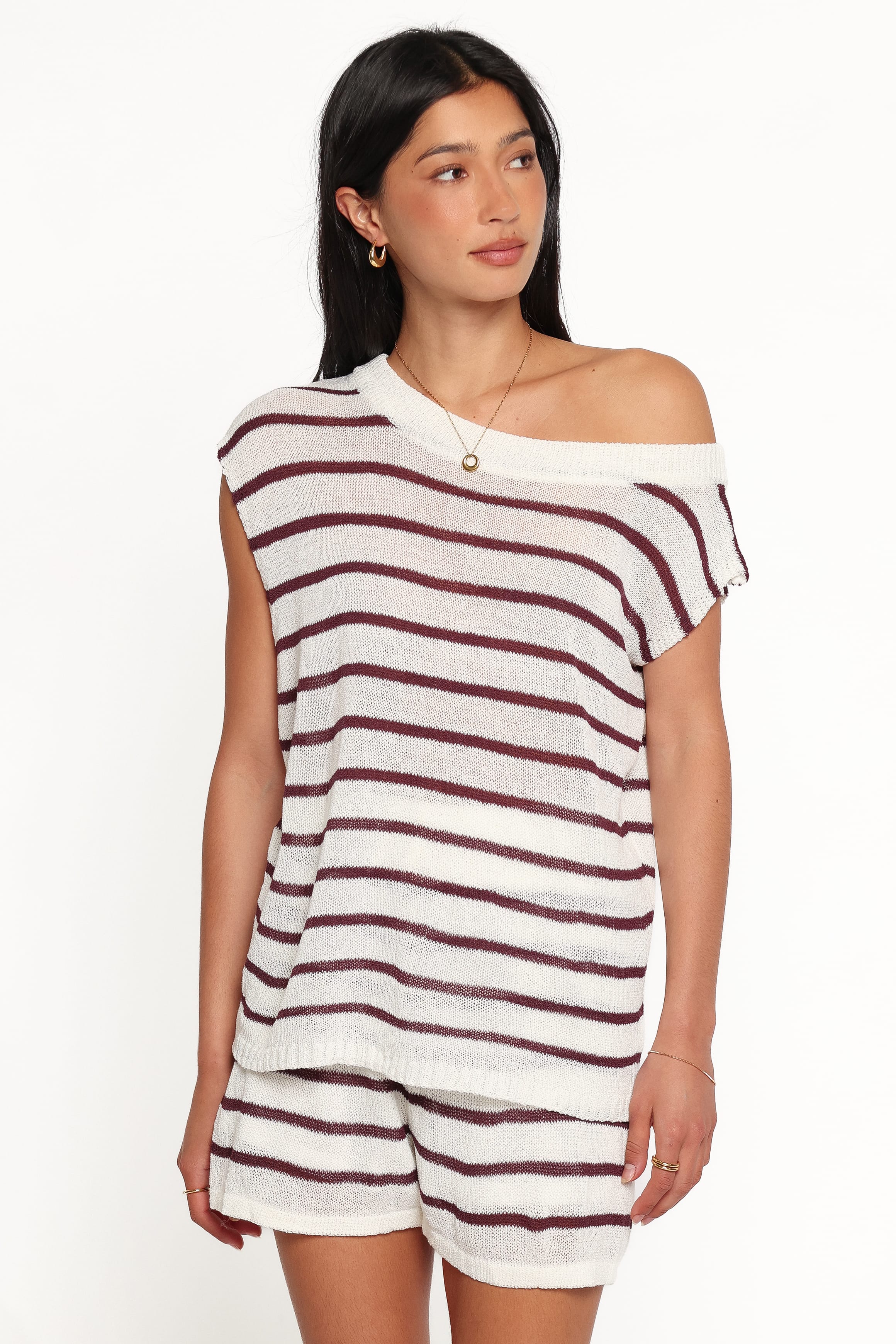 SETS Janie Knitted Short Set - White Plum Stripe