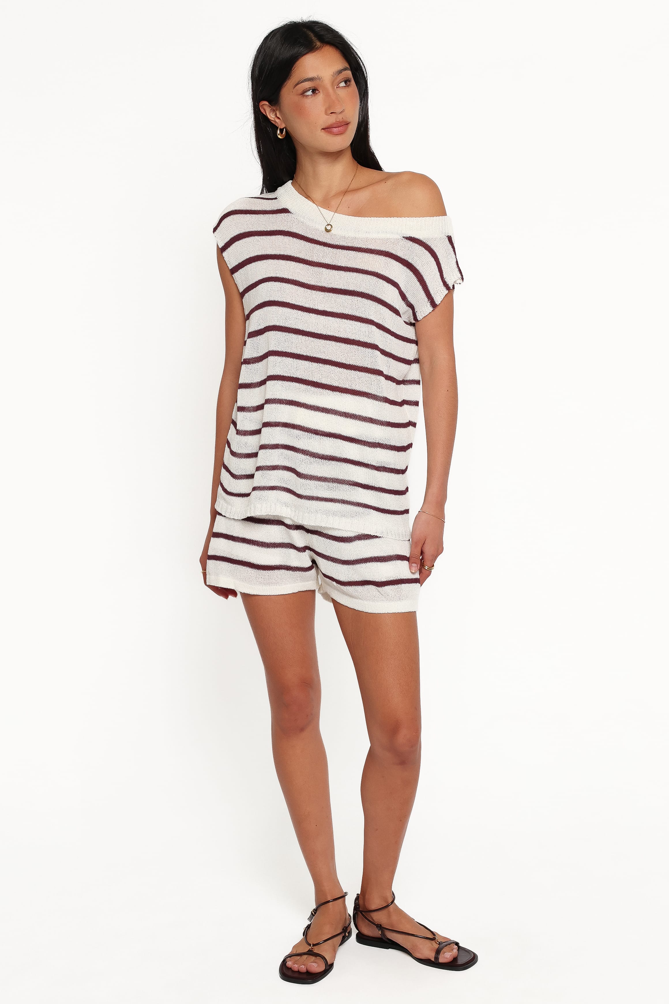 SETS Janie Knitted Short Set - White Plum Stripe