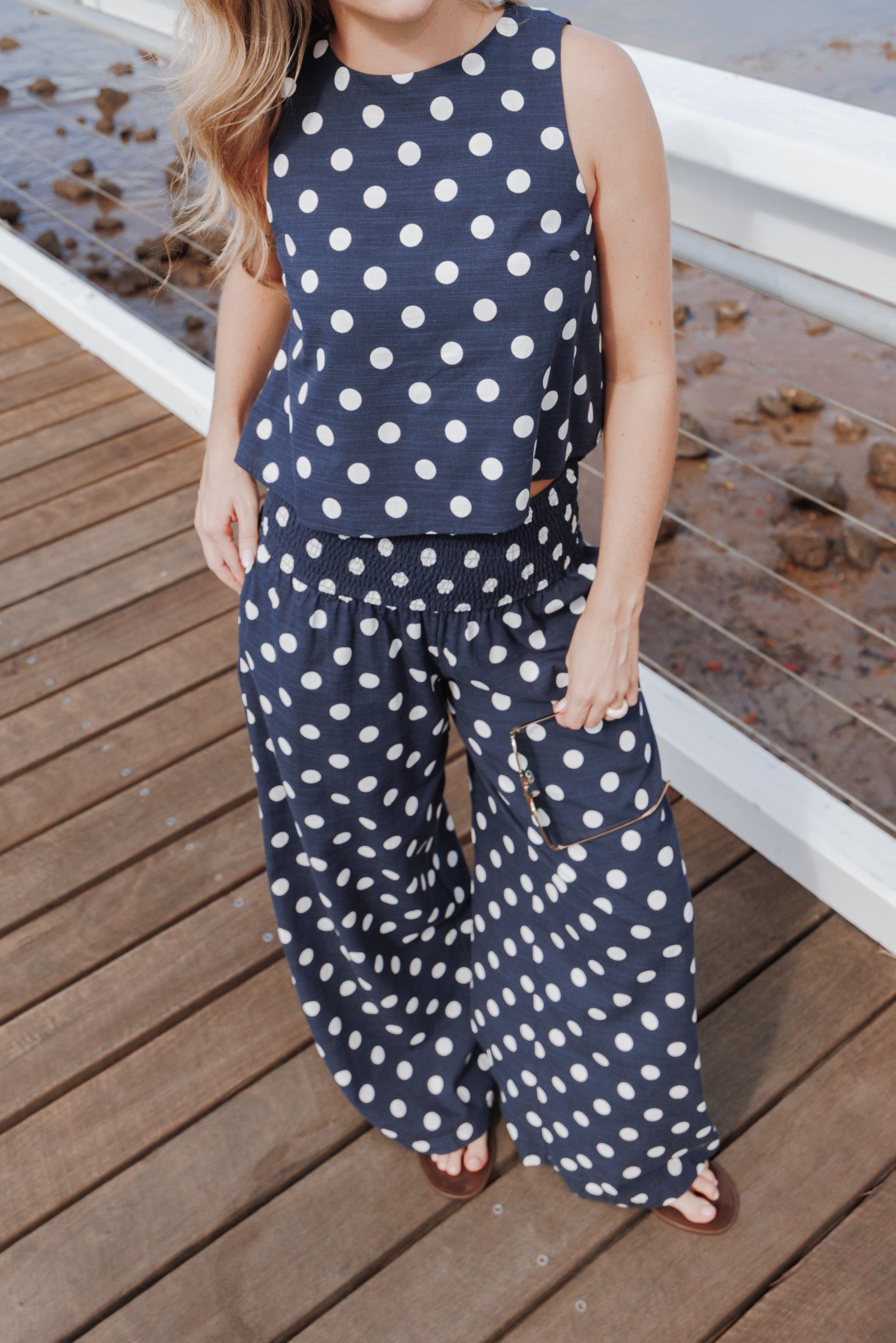 SETS Jillian Smocked Pant Set - Navy Polka Dot