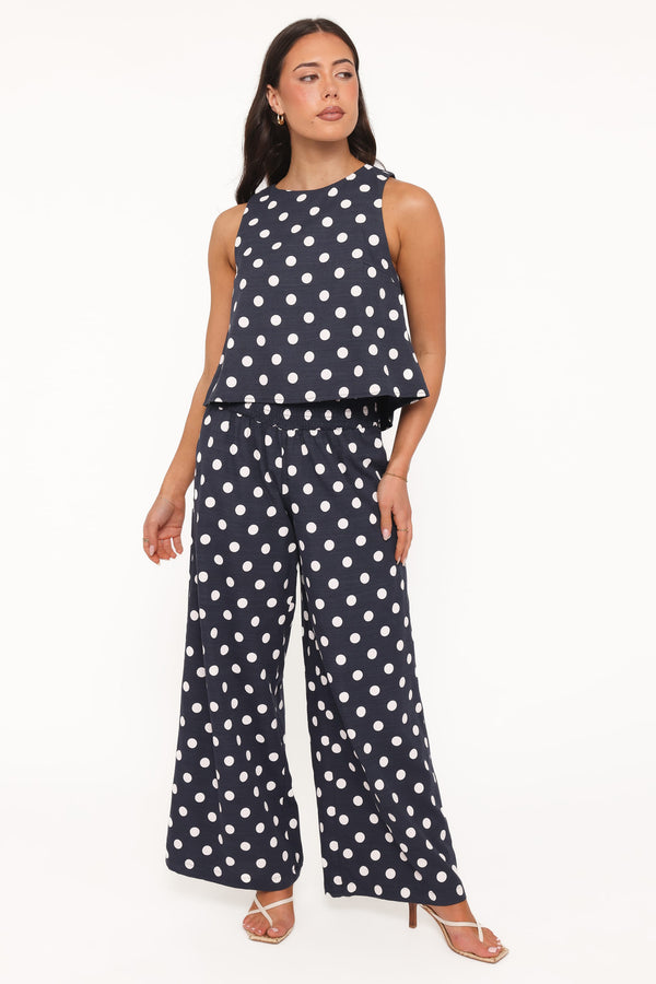 SETS Jillian Smocked Pant Set - Navy Polka Dot