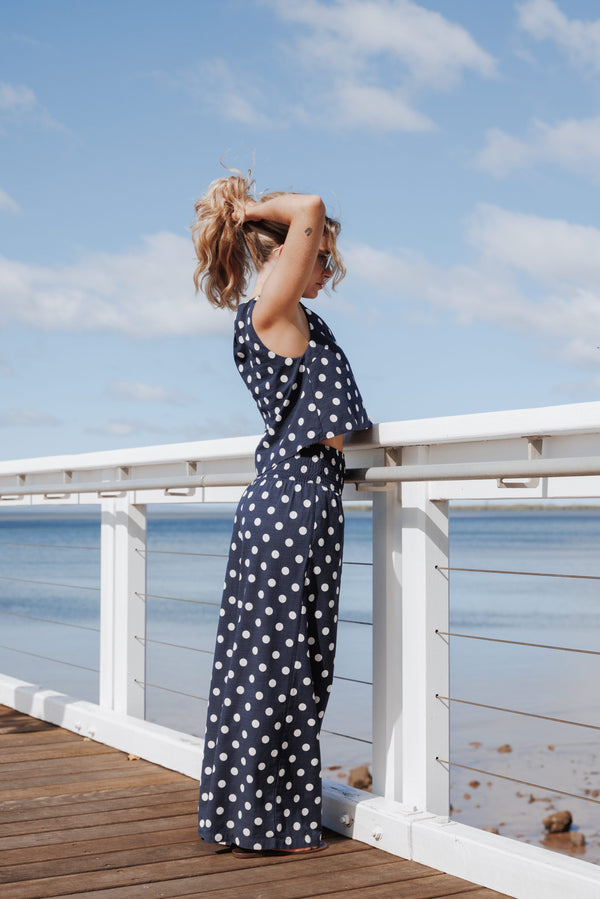 SETS Jillian Smocked Pant Set - Navy Polka Dot