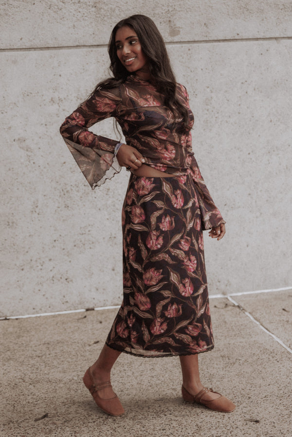 SETS Steele Mesh Skirt Set - Dark Plum Floral