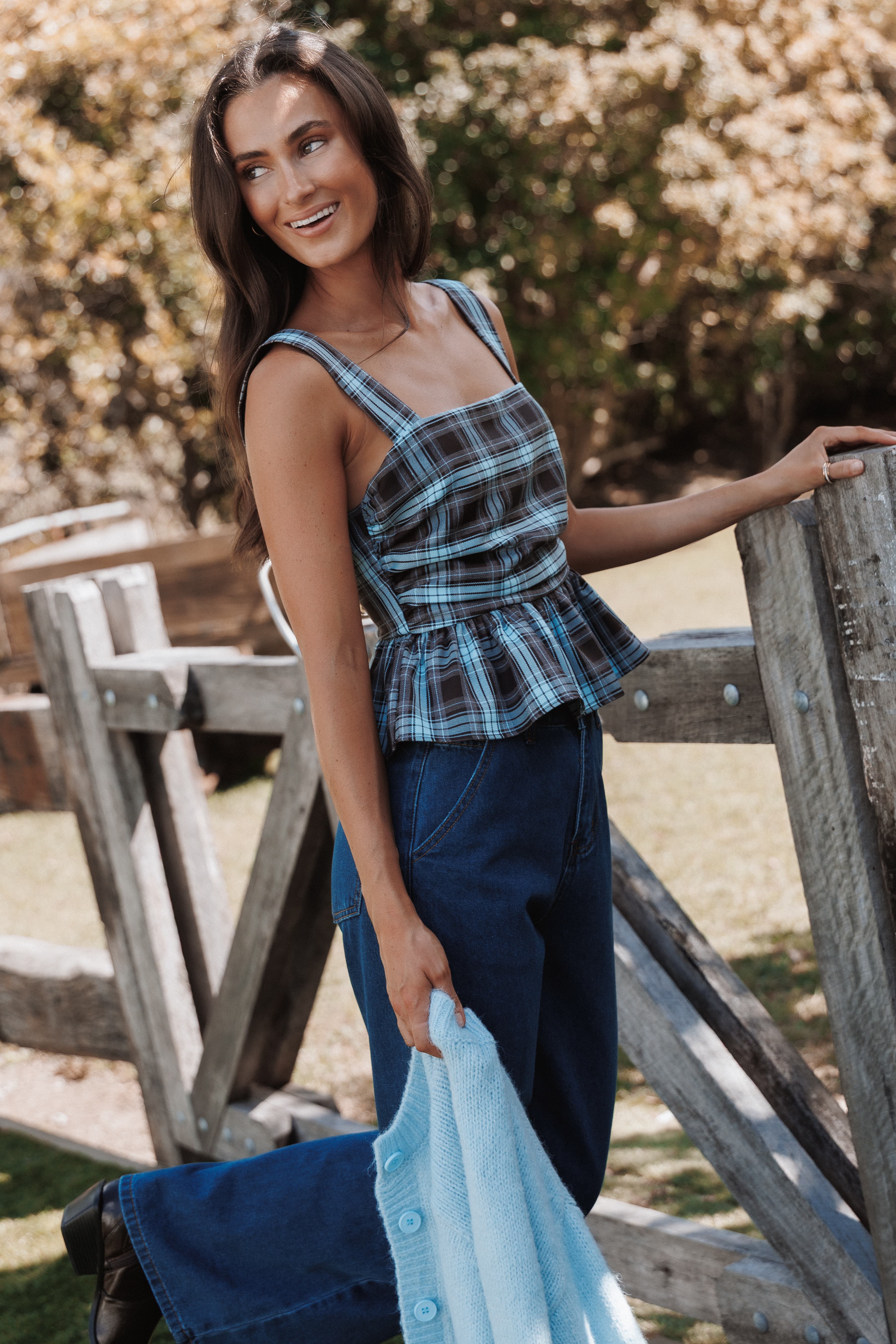 TOPS Alana Peplum Top - Choc Blue Plaid