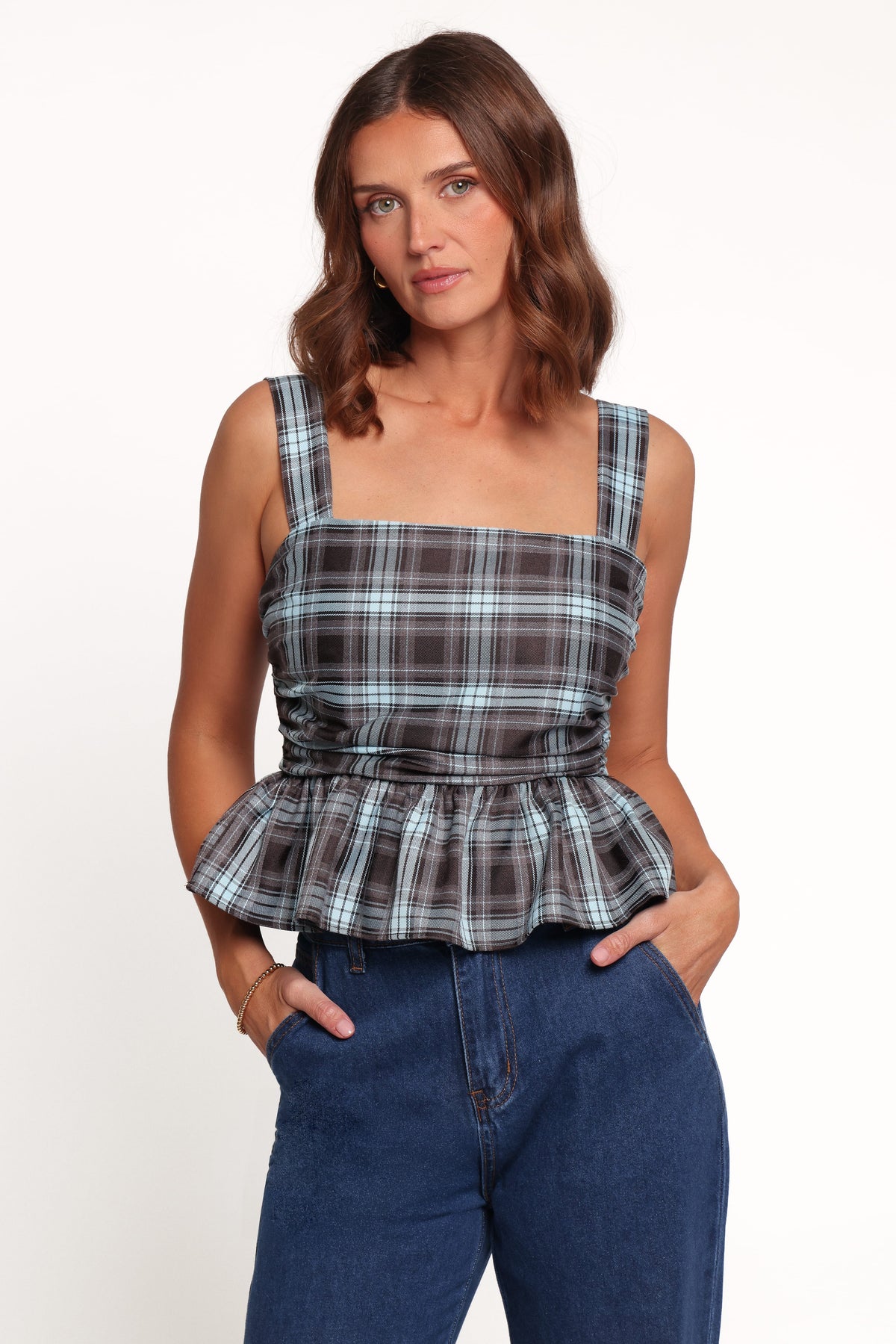 TOPS Alana Peplum Top - Choc Blue Plaid