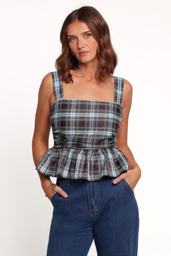 TOPS Alana Peplum Top - Choc Blue Plaid