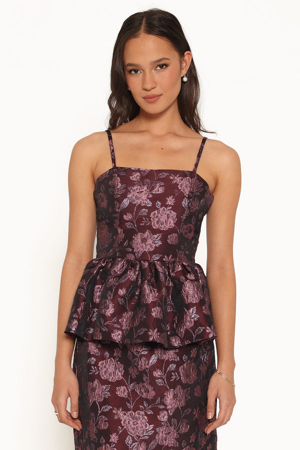 TOPS Allegro Peplum Top - Plum Brocade