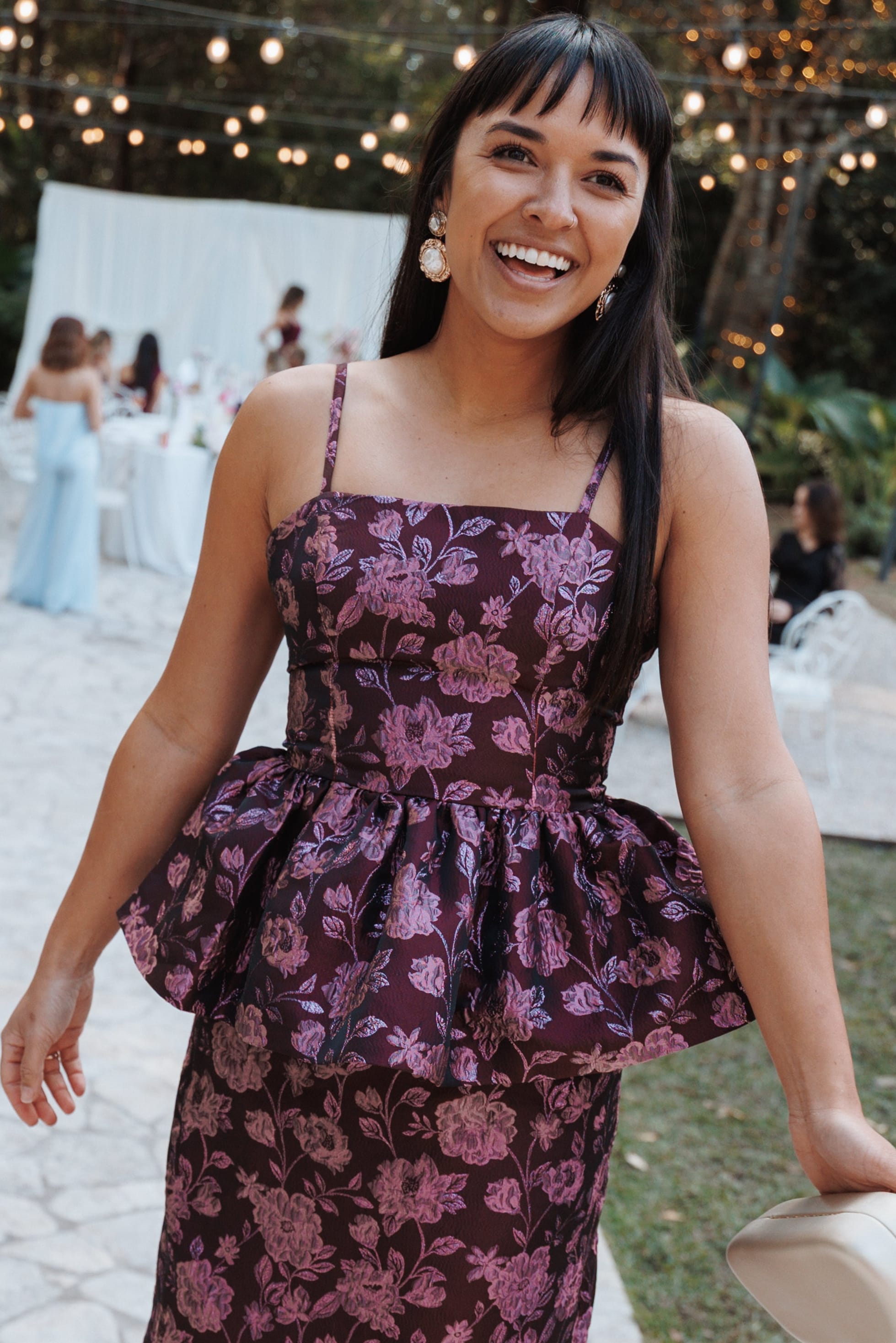 TOPS Allegro Peplum Top - Plum Brocade
