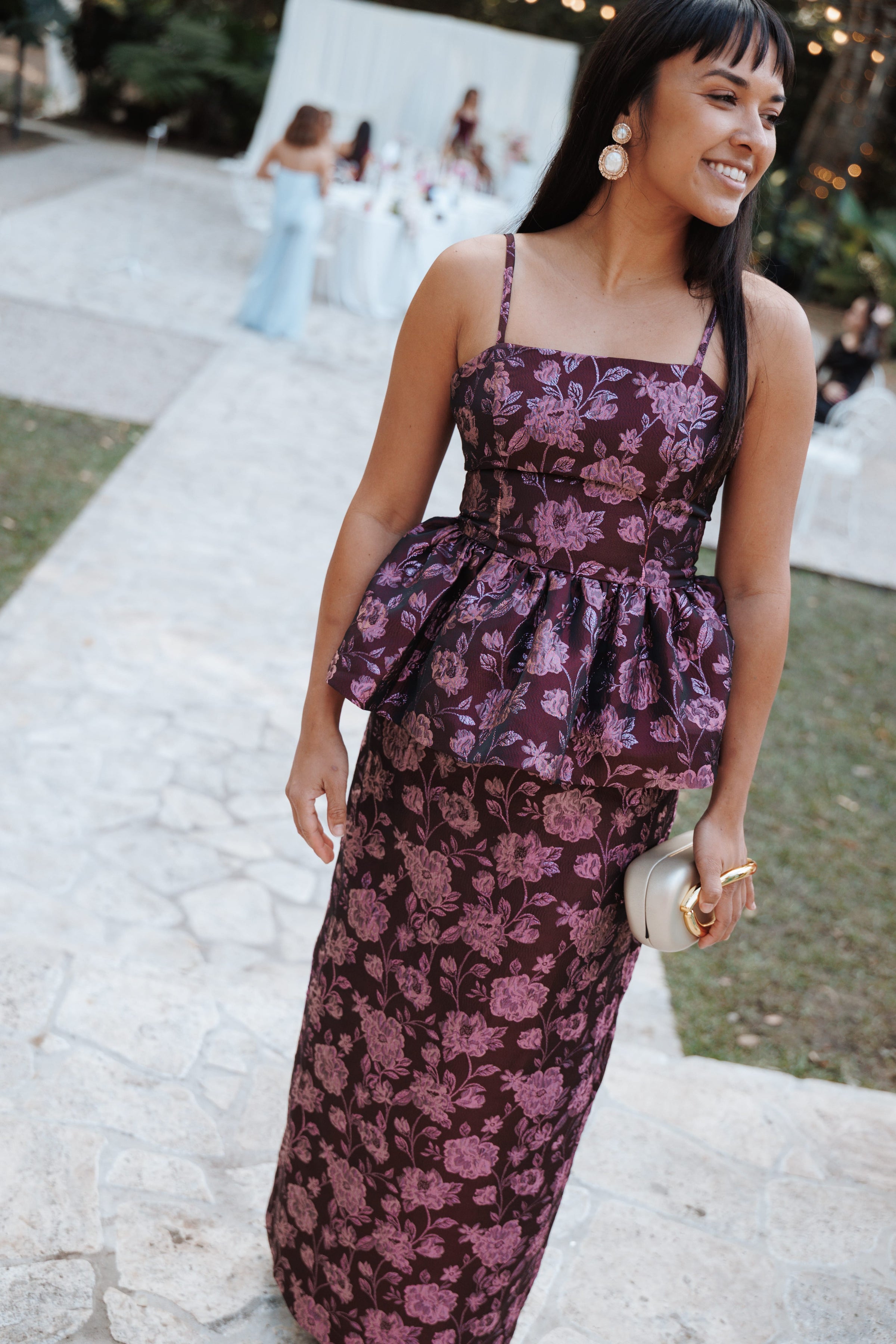 TOPS Allegro Peplum Top - Plum Brocade