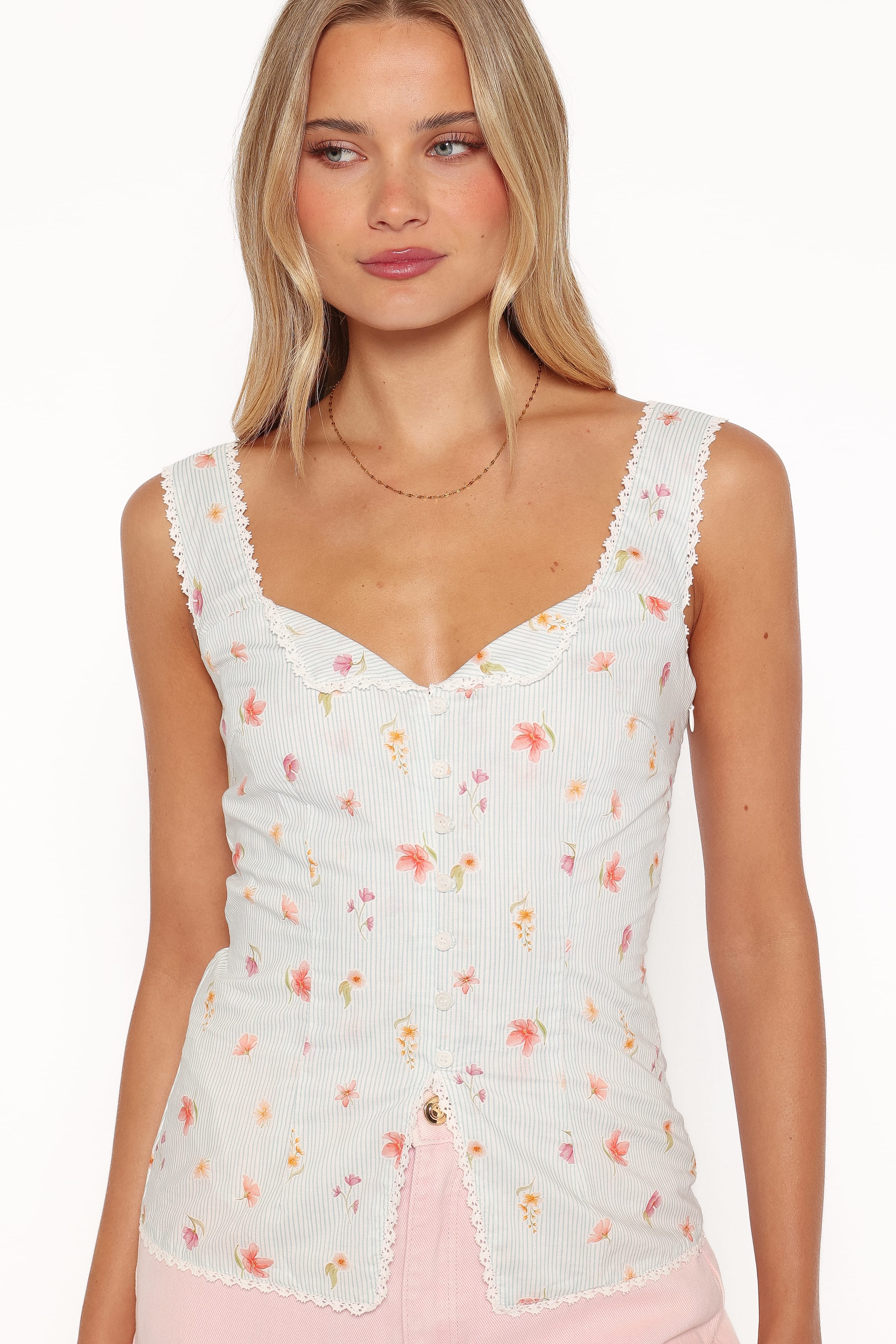 TOPS Ana Top - Blue Garden Stripe