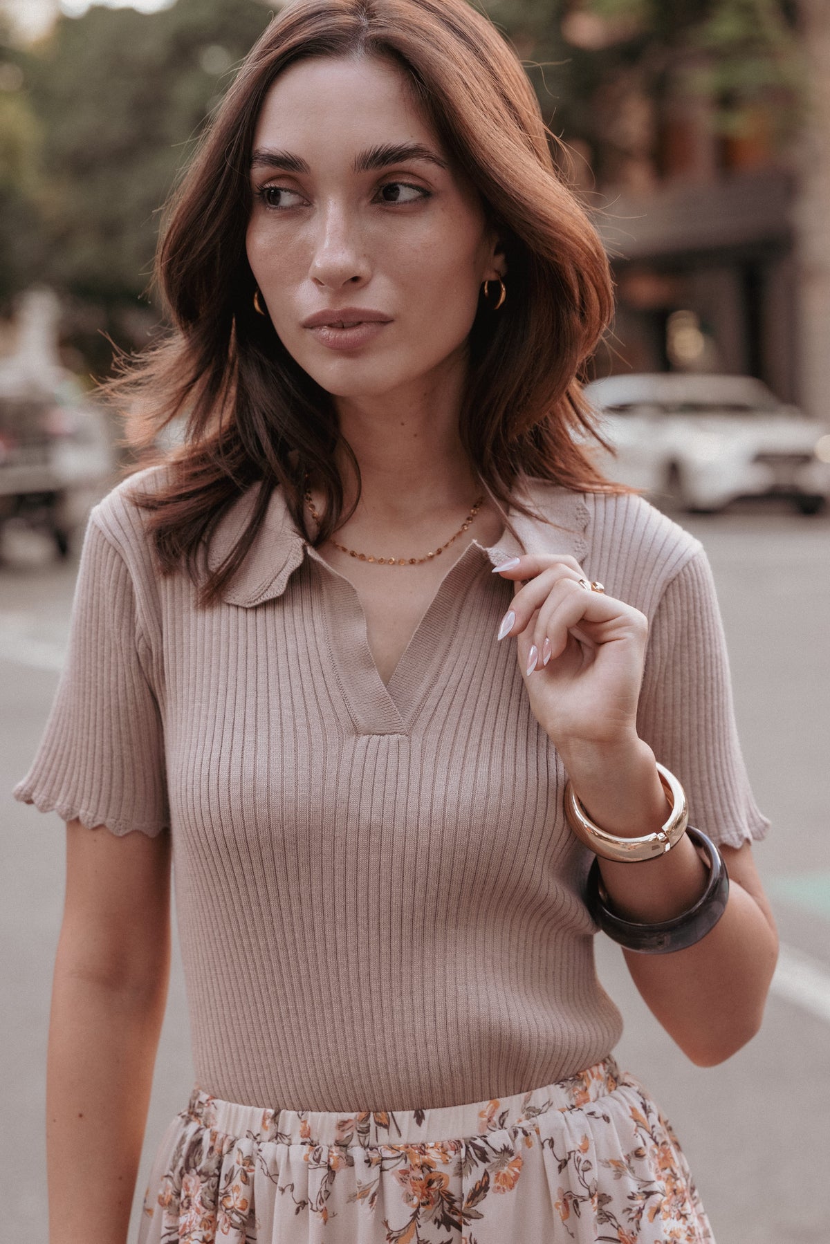 TOPS Aradia Scallop Collar Polo - Grey Morn