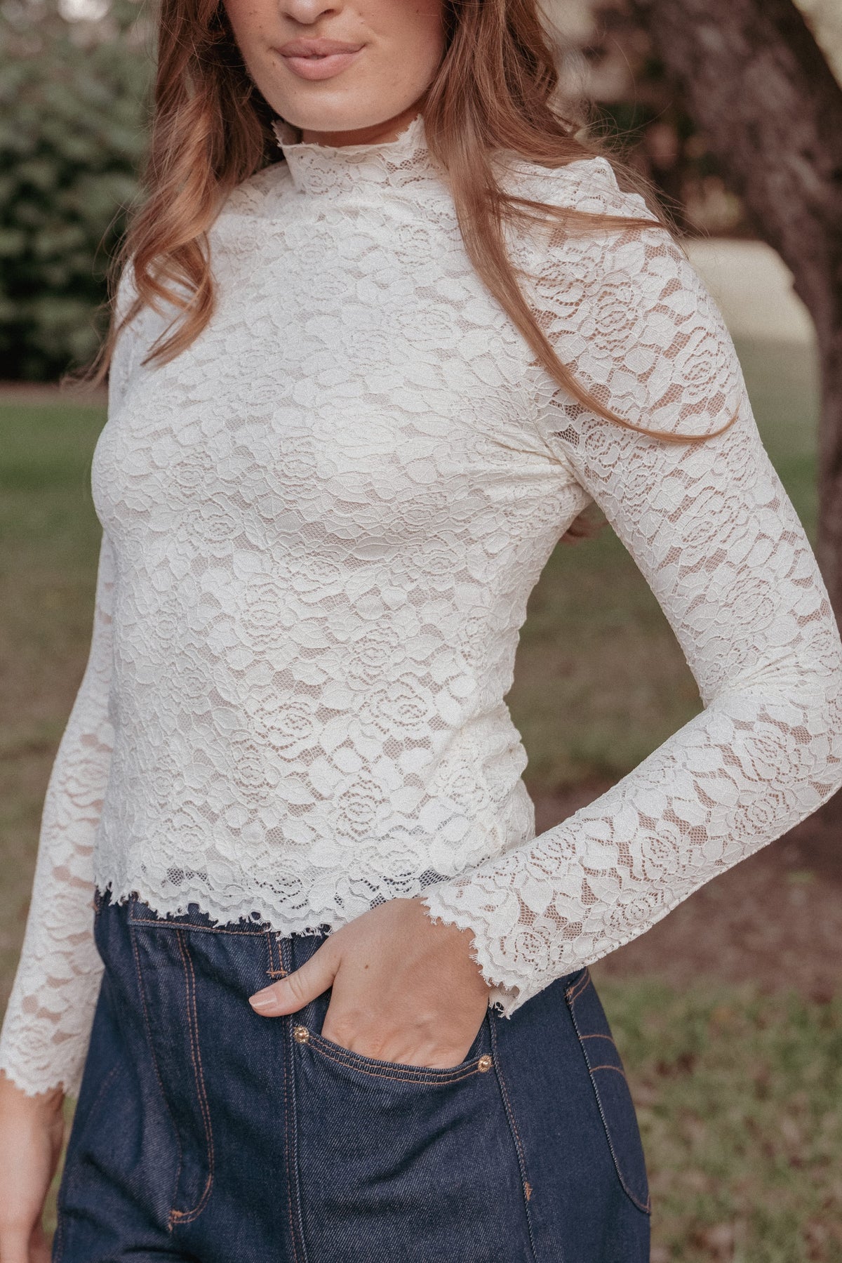 TOPS Beatriz Lace High Neck Top - Ivory