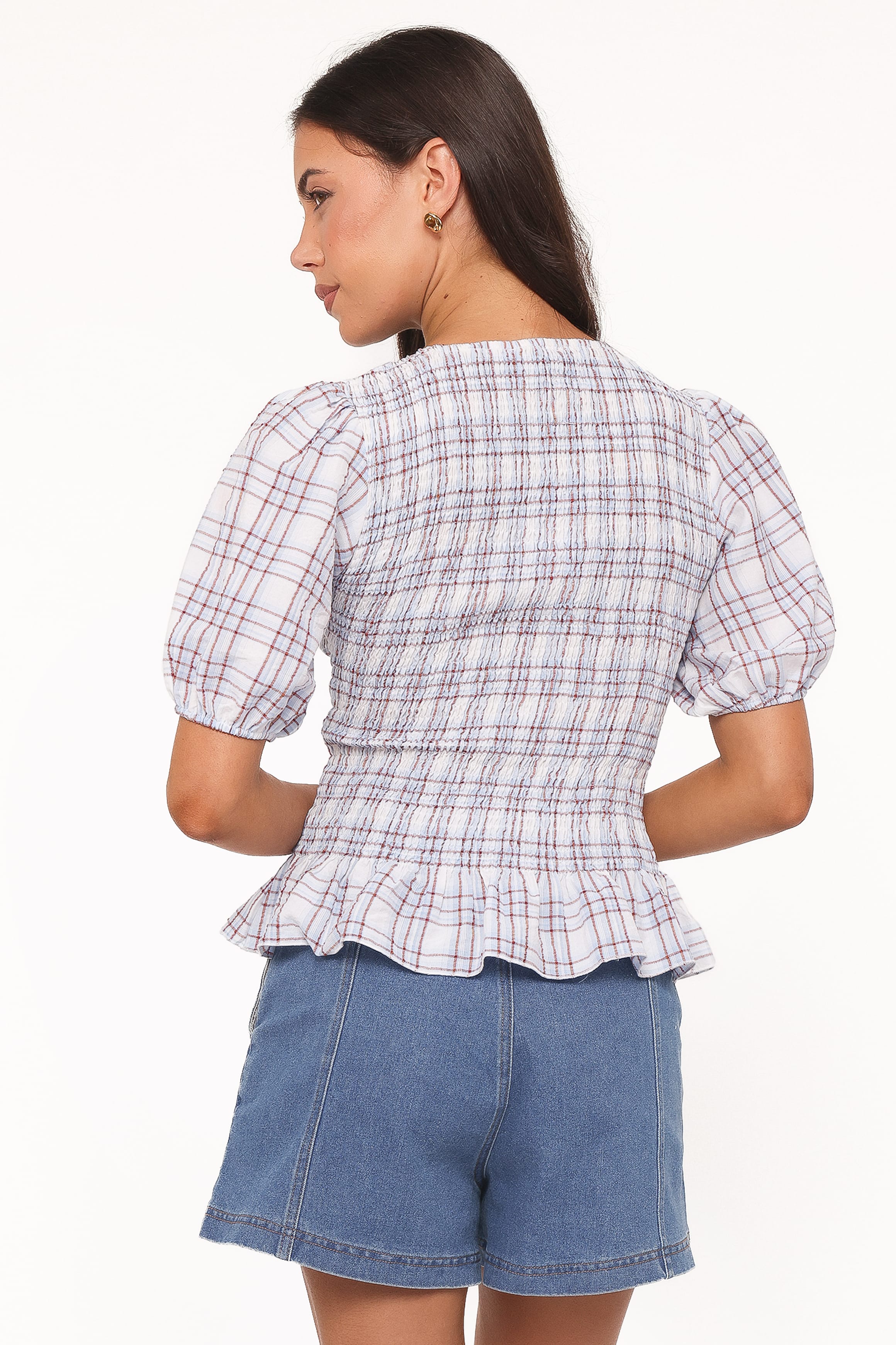 TOPS Callista Shirred Waist Top - Light Blue Plaid