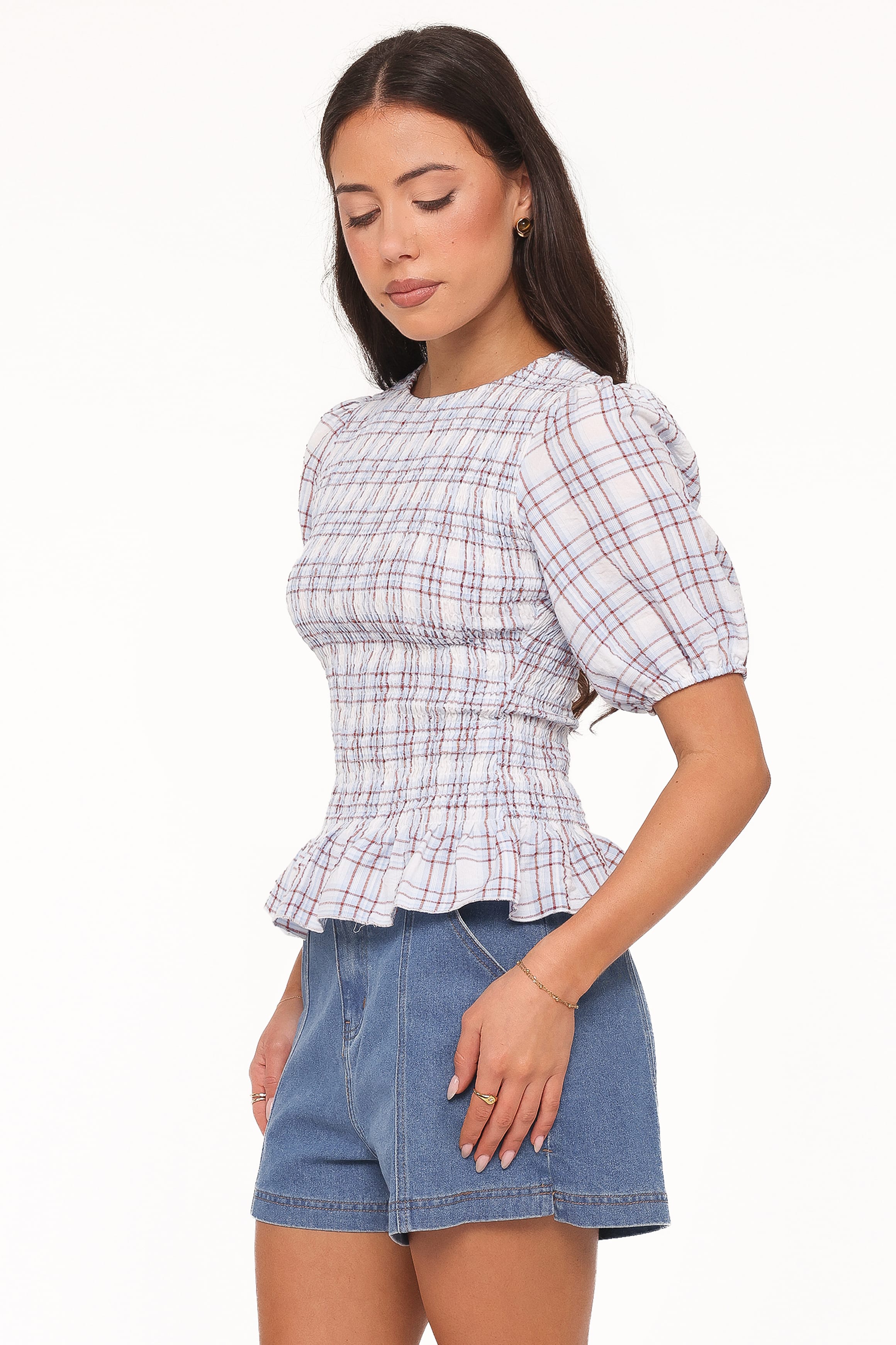 TOPS Callista Shirred Waist Top - Light Blue Plaid