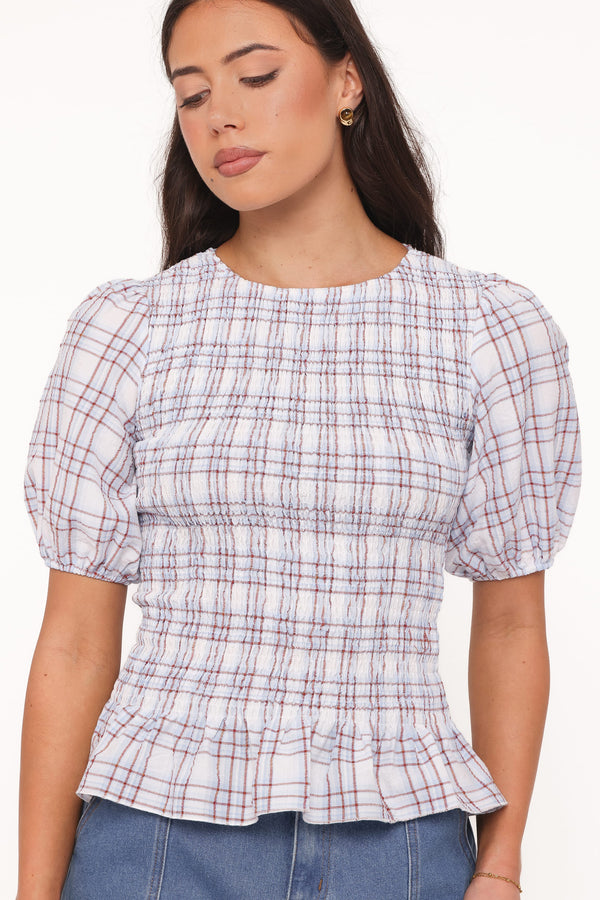 TOPS Callista Shirred Waist Top - Light Blue Plaid