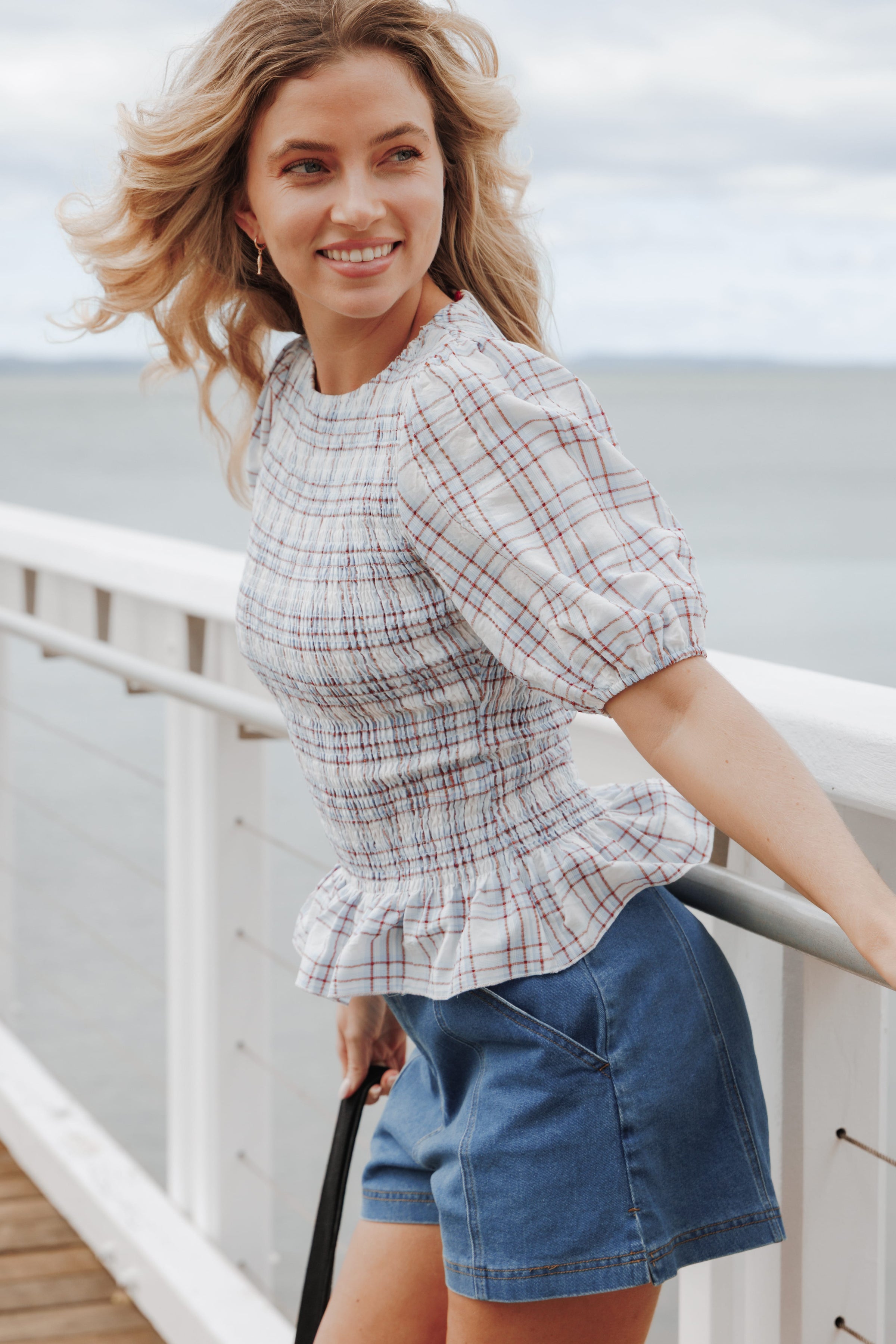 TOPS Callista Shirred Waist Top - Light Blue Plaid