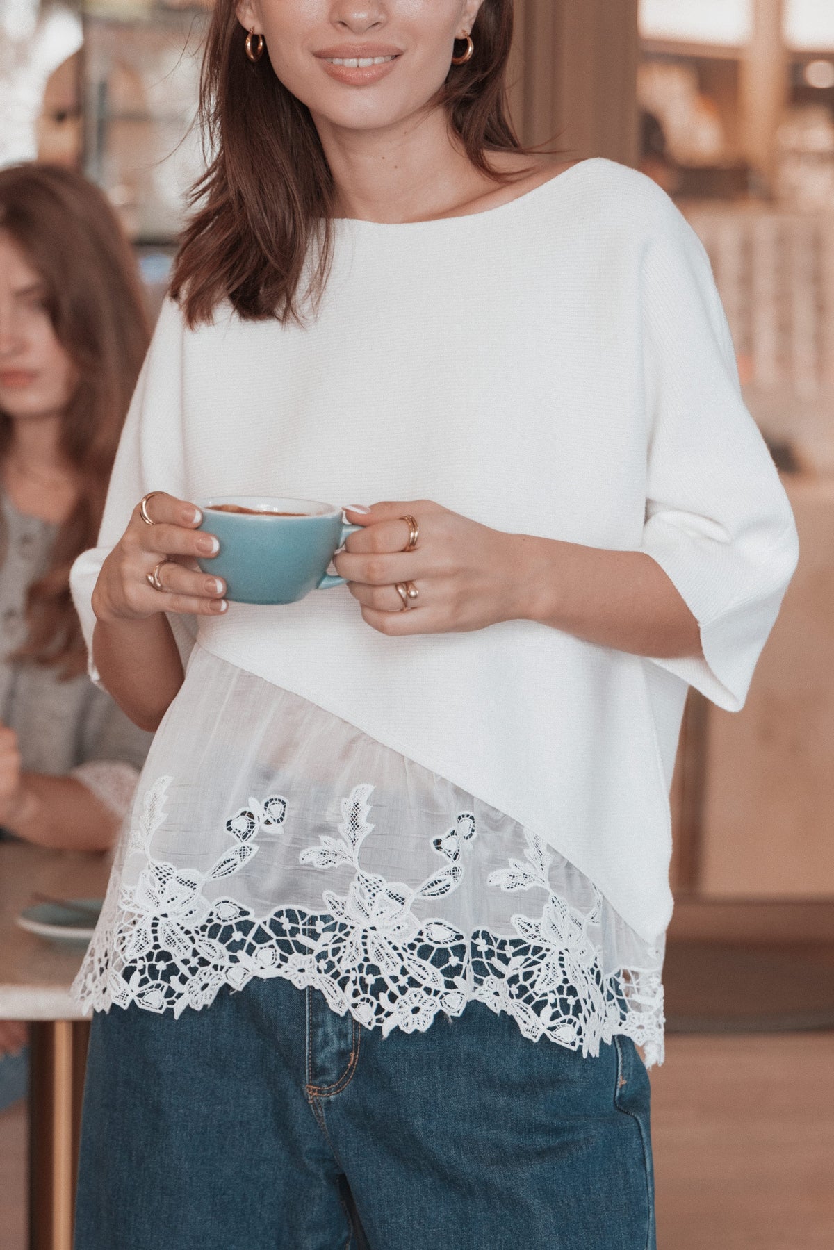 TOPS Chase Lace Hem Ribbed Top - Ivory