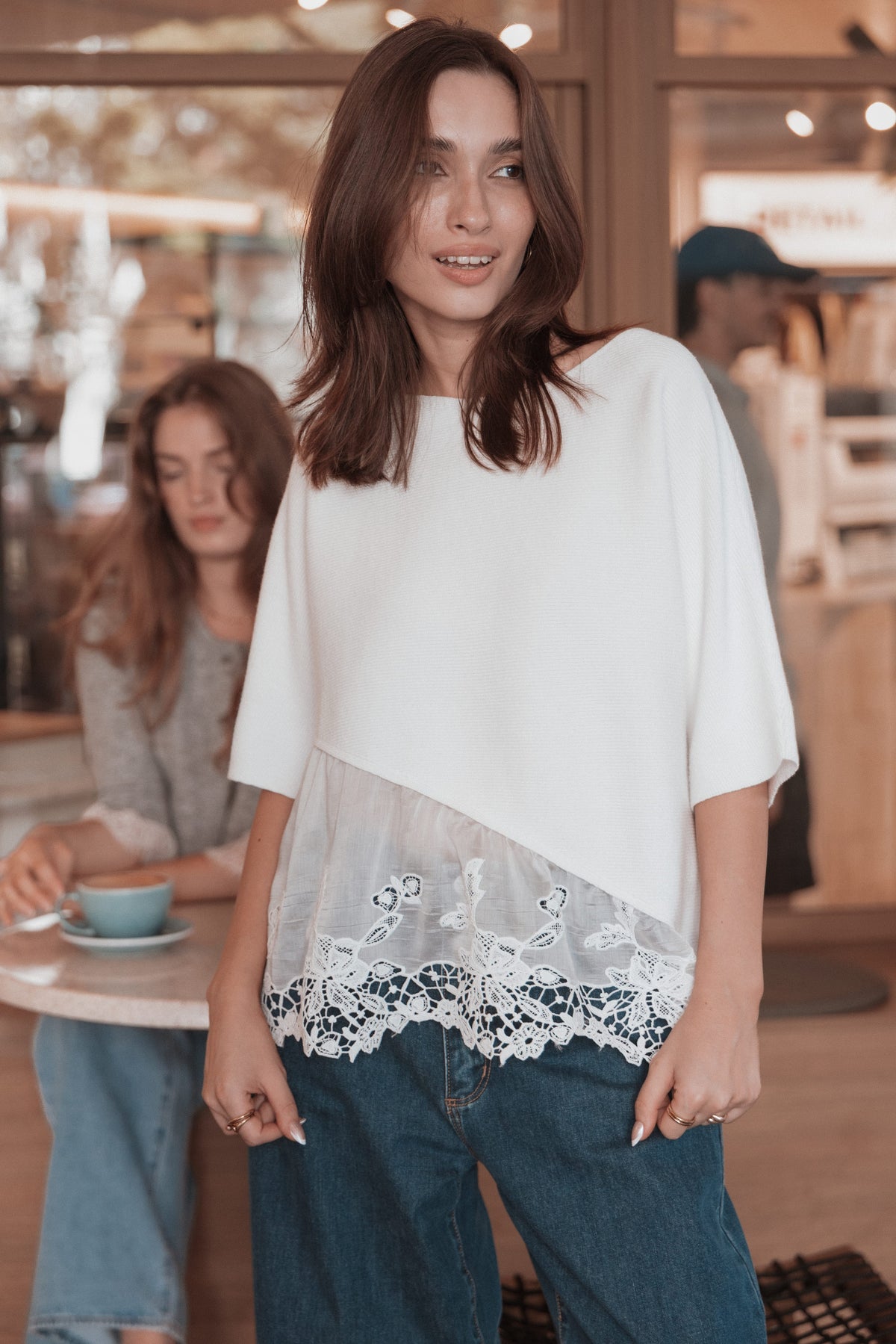 TOPS Chase Lace Hem Ribbed Top - Ivory