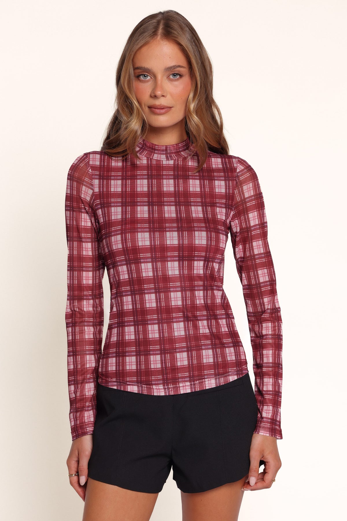 TOPS Colleen Top - Red Check Mesh