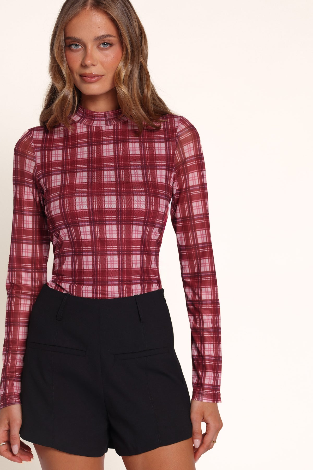 TOPS Colleen Top - Red Check Mesh