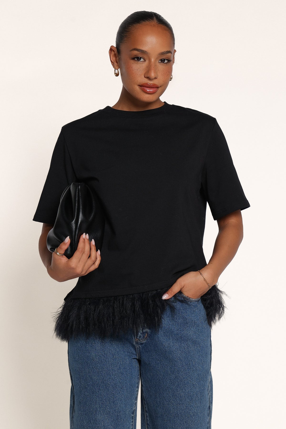 TOPS Darleah Feather Trim Tee - Black
