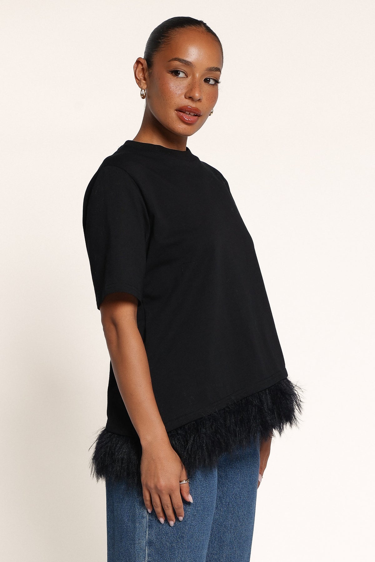 TOPS Darleah Feather Trim Tee - Black