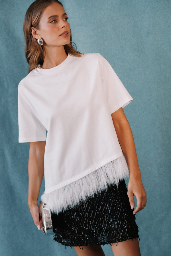 TOPS Darleah Feather Trim Tee - White