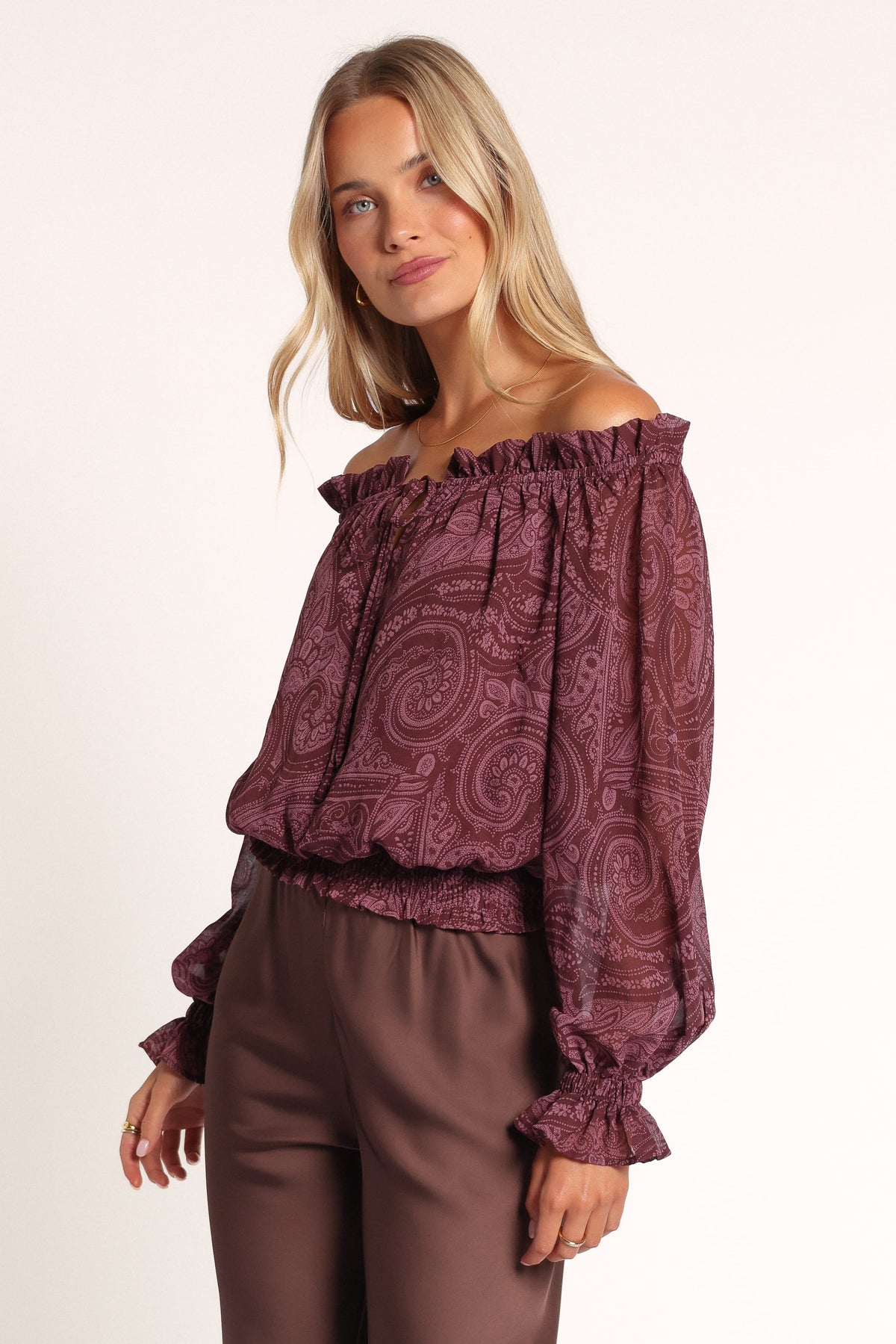 TOPS Dawson Off Shoulder Top - Wine Paisley