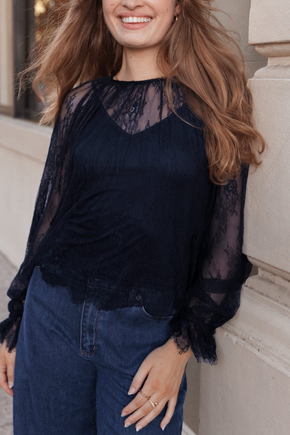 TOPS Duncan Sheer Lace Top - Midnight Navy