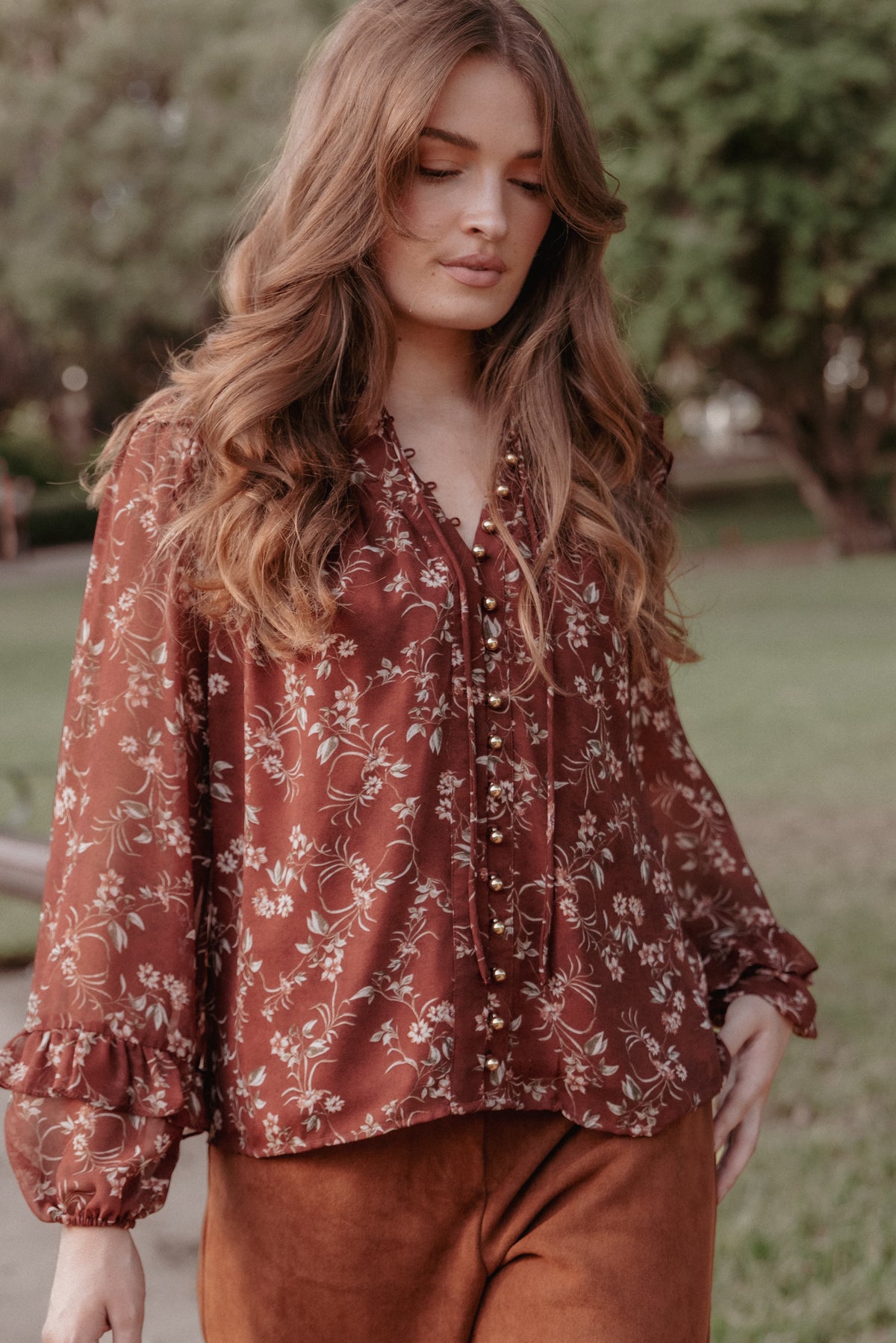 TOPS Elanira Ruffle Top - Rust Floral