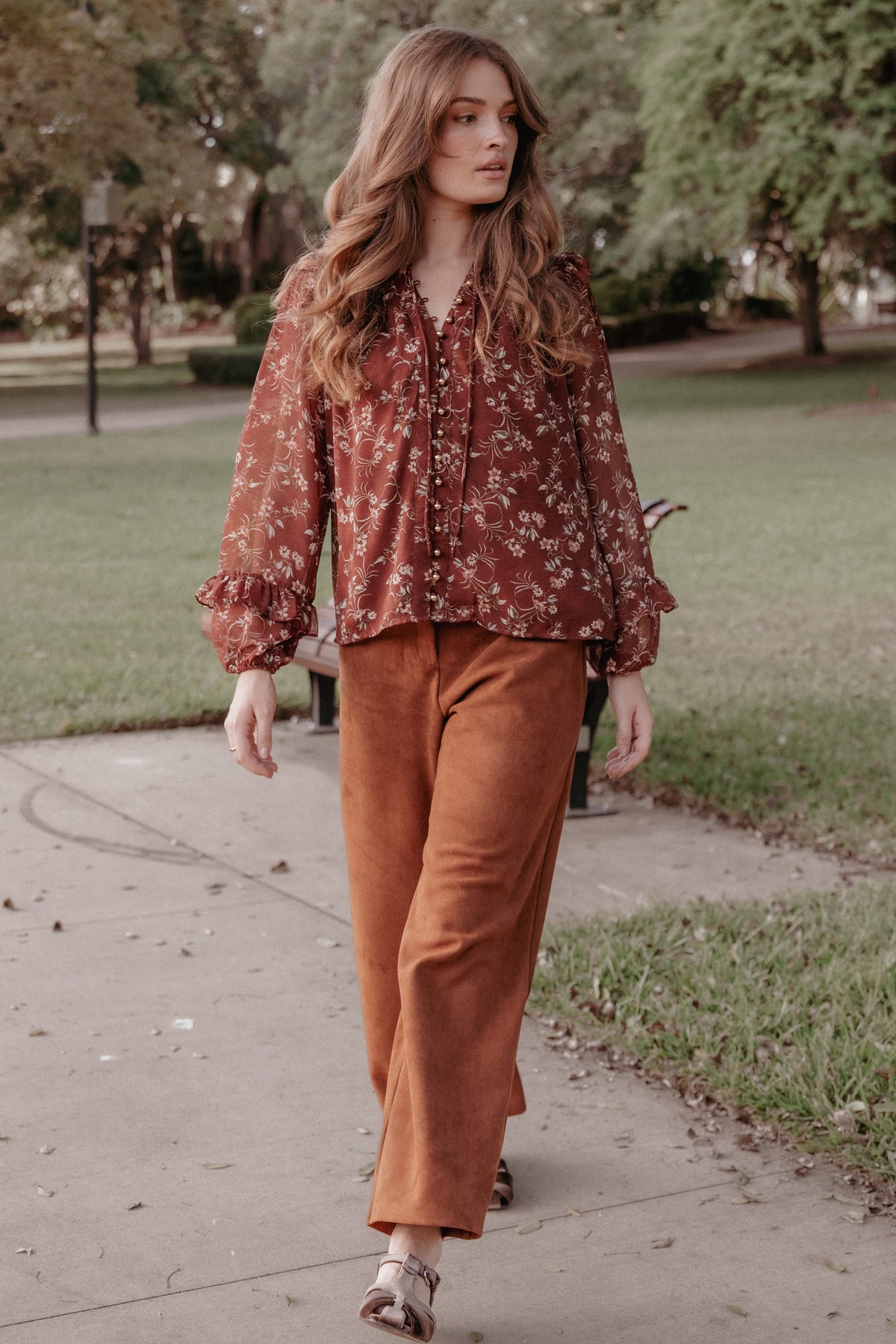 TOPS Elanira Ruffle Top - Rust Floral