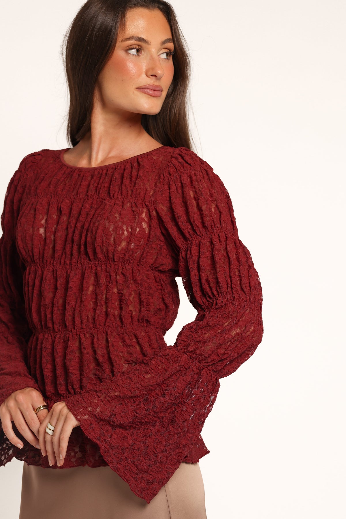 TOPS Elsia Ruched Lace Top - Cabernet