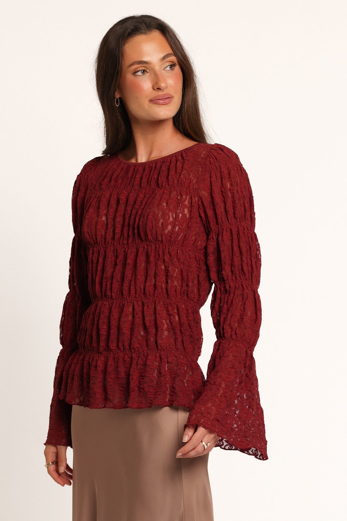 TOPS Elsia Ruched Lace Top - Cabernet
