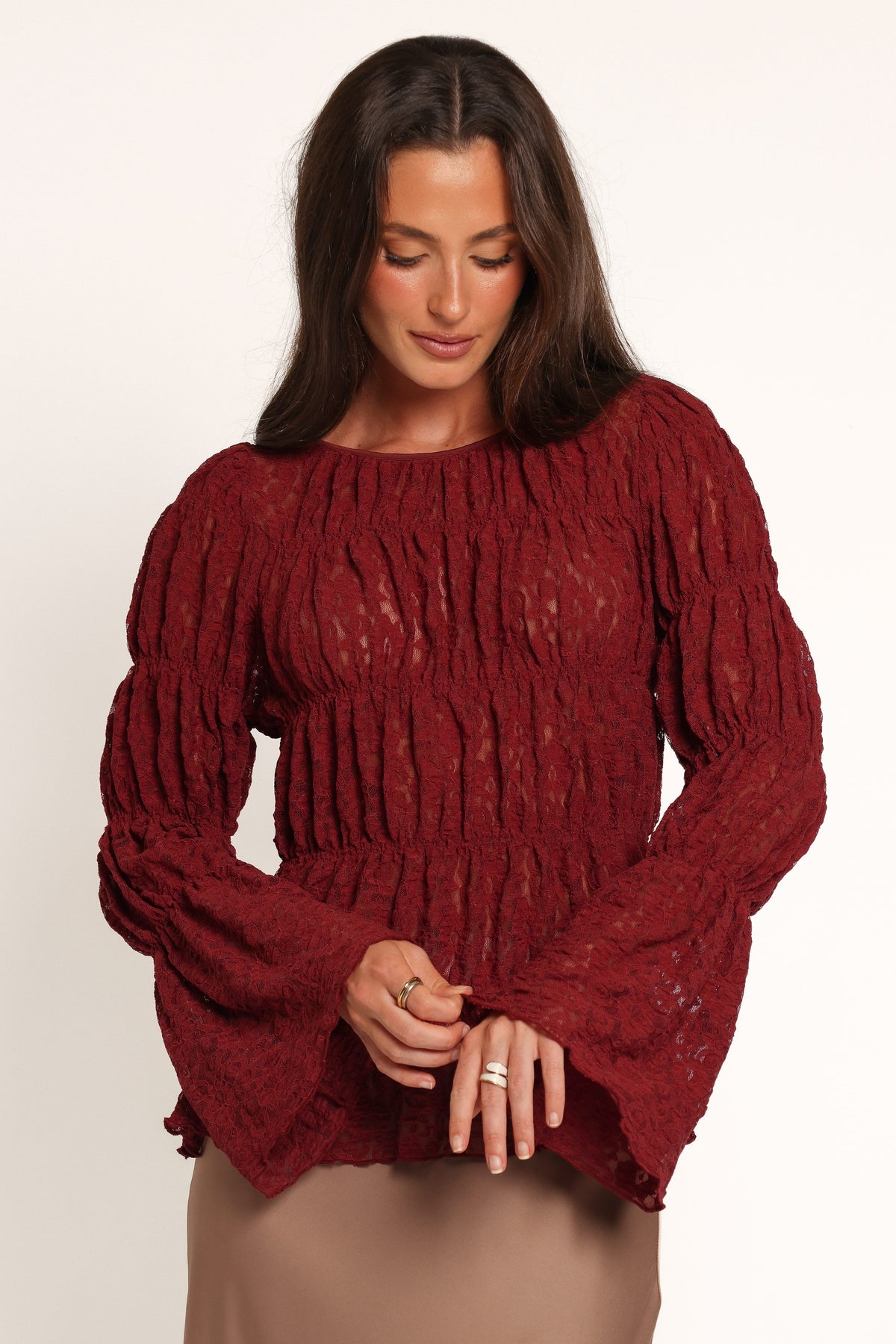 TOPS Elsia Ruched Lace Top - Cabernet