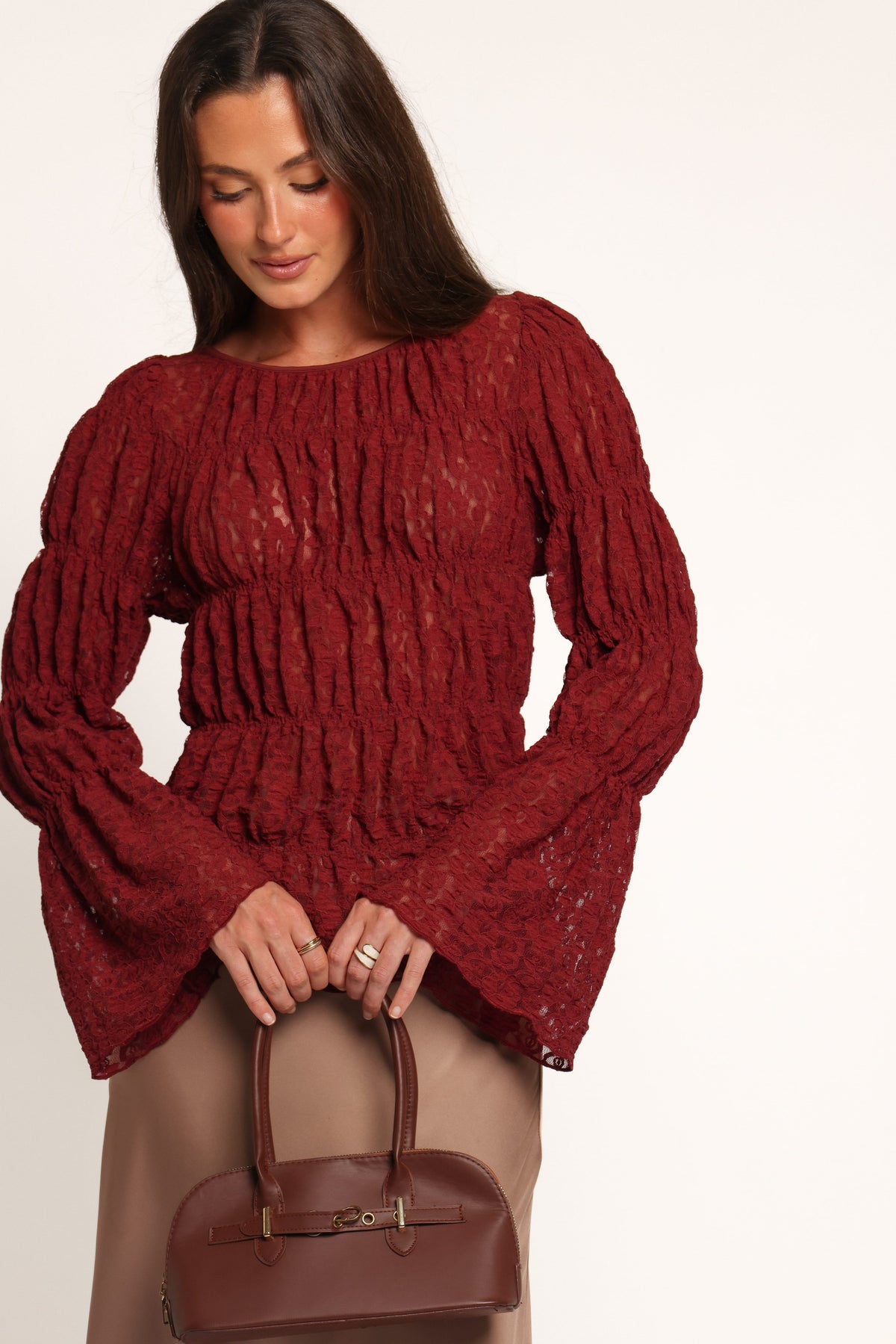 TOPS Elsia Ruched Lace Top - Cabernet