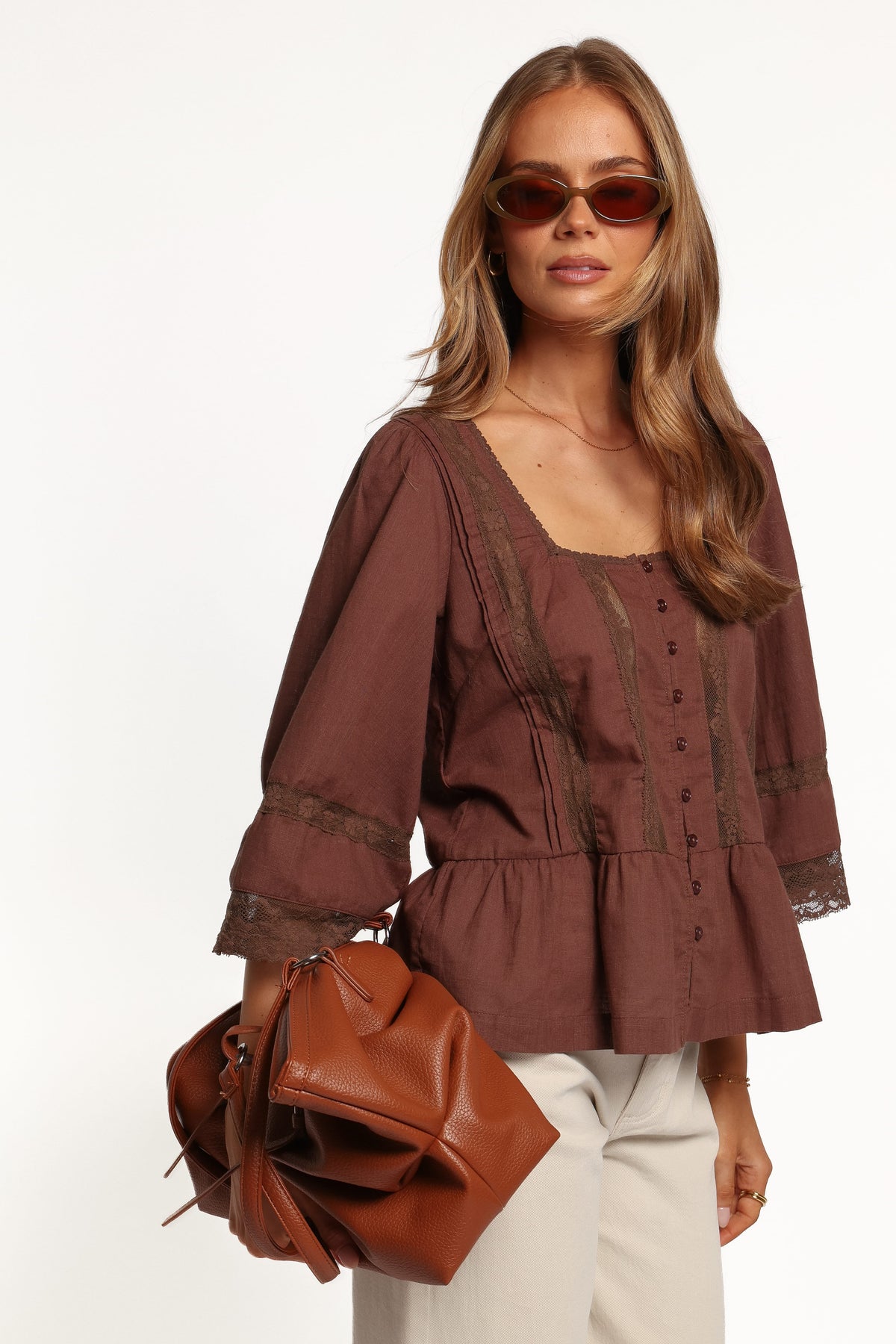 TOPS Endira Lace Inset Top - Brown