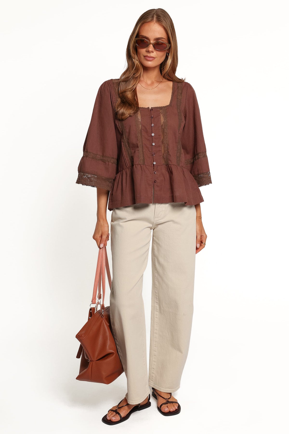 TOPS Endira Lace Inset Top - Brown
