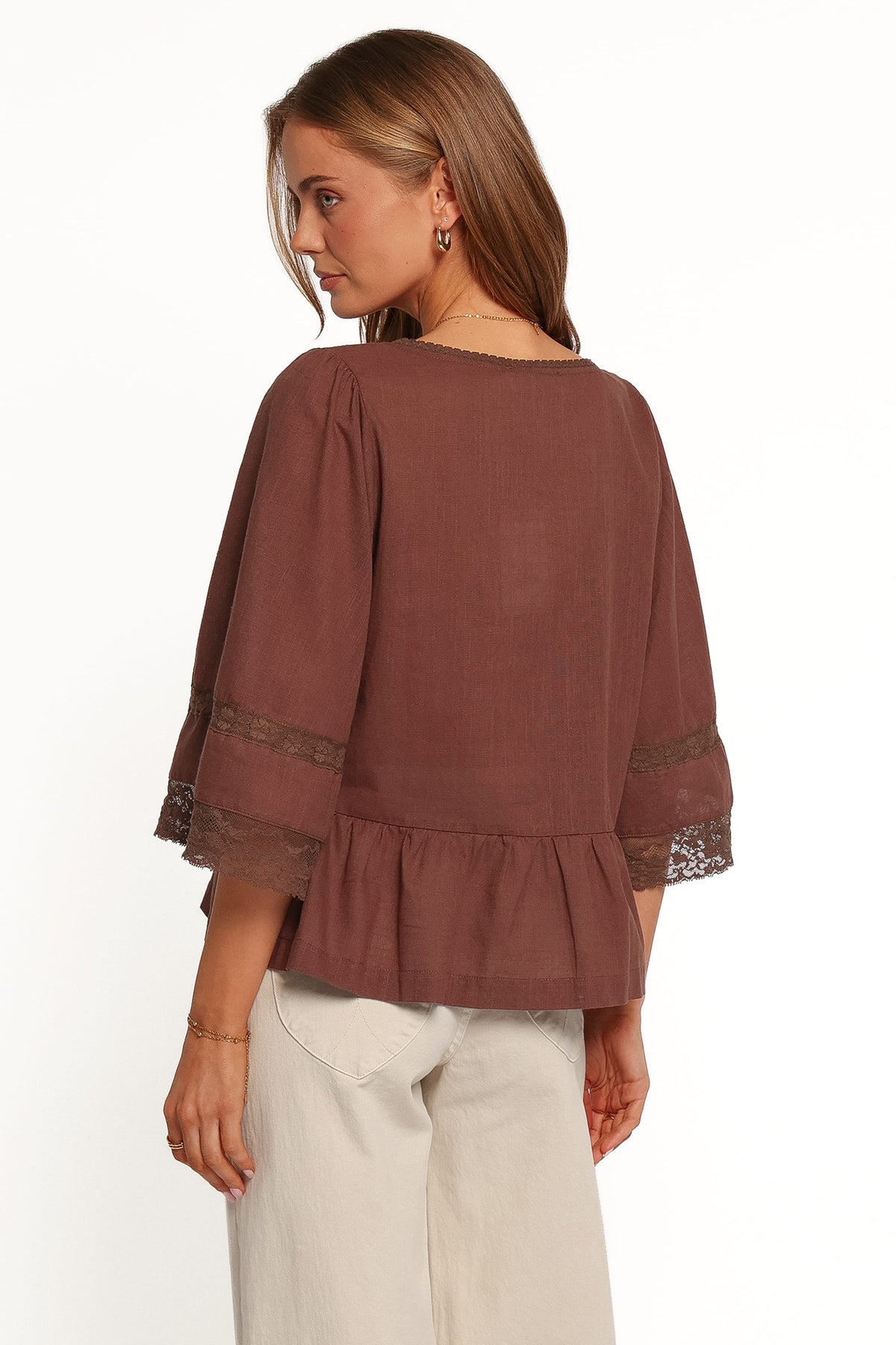 TOPS Endira Lace Inset Top - Brown