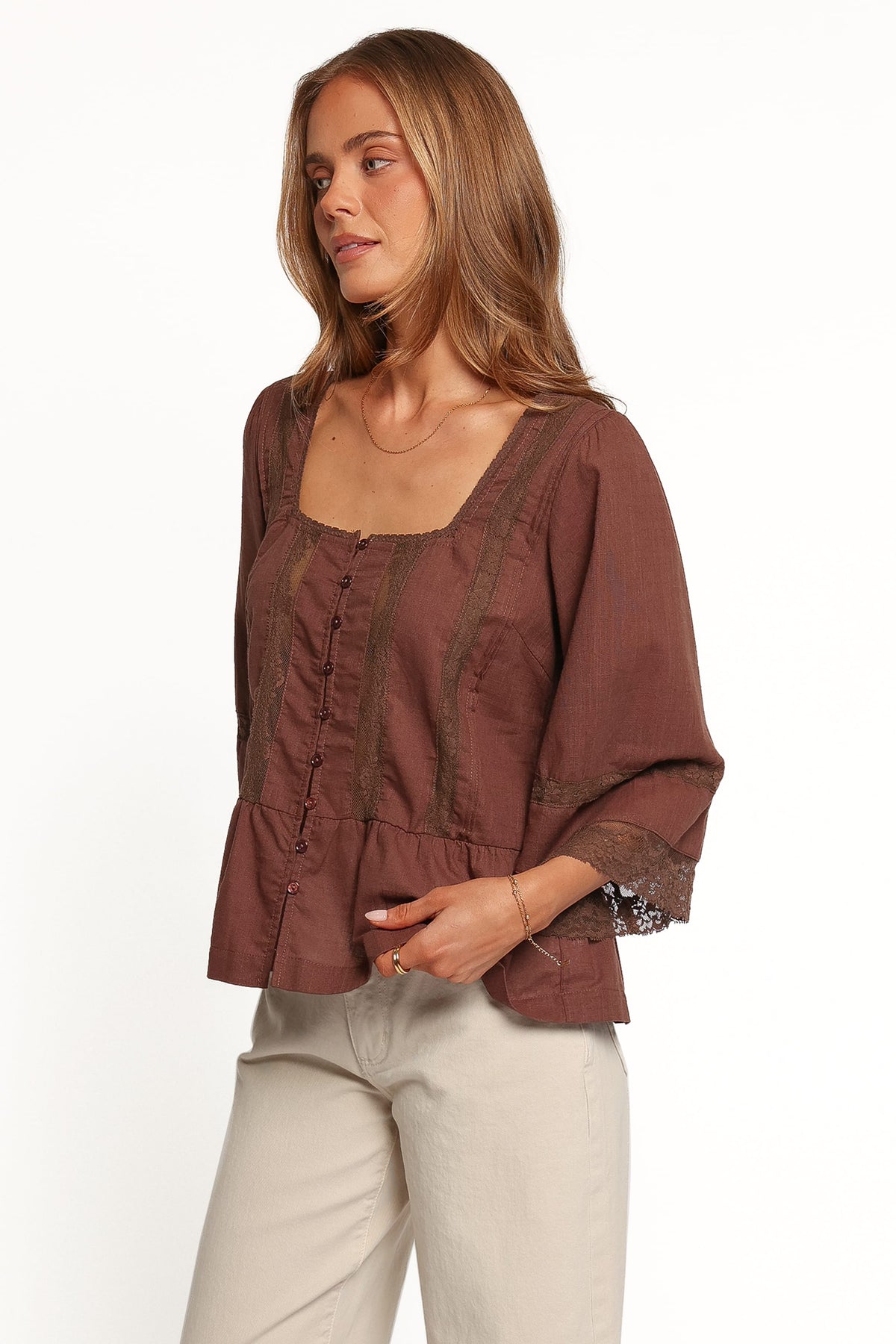 TOPS Endira Lace Inset Top - Brown