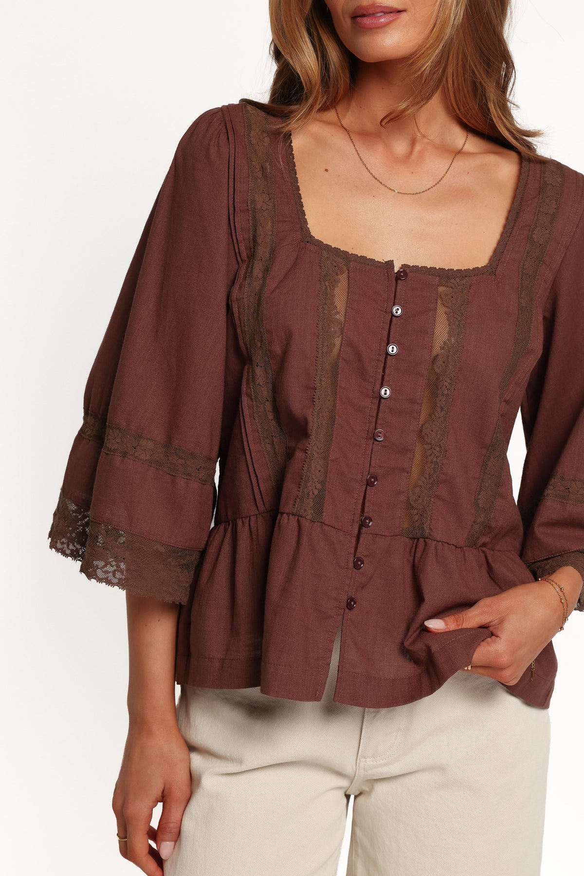 TOPS Endira Lace Inset Top - Brown