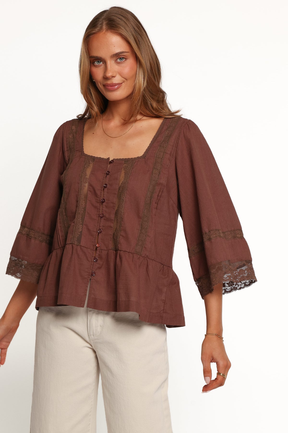 TOPS Endira Lace Inset Top - Brown