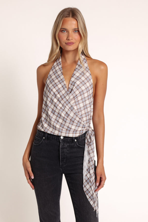 TOPS Harriet Halter Top - Cream Plaid
