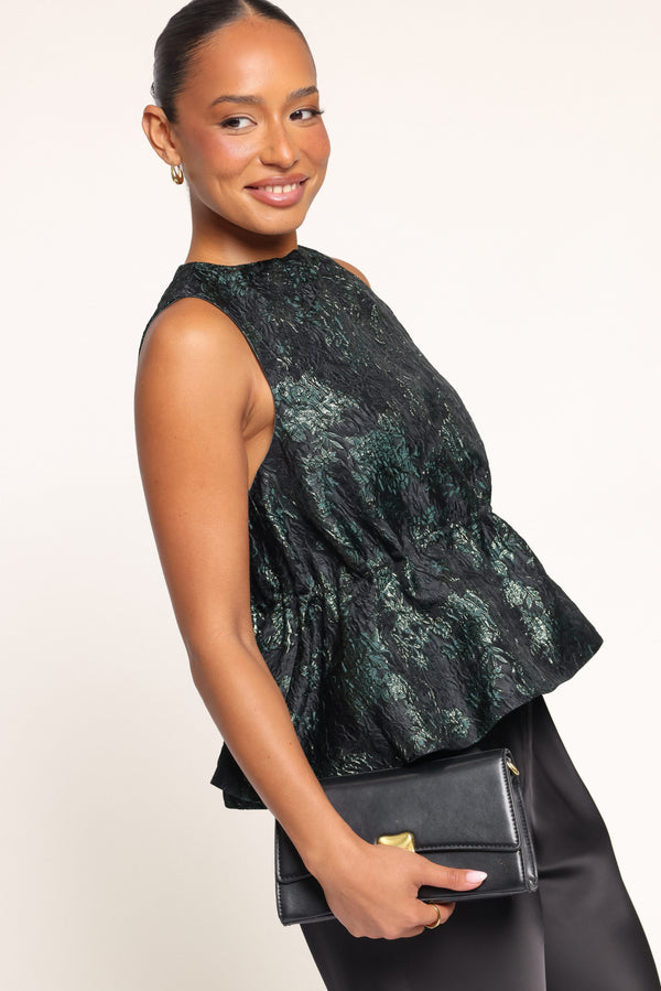 TOPS Jenna Peplum Top - Emerald Brocade