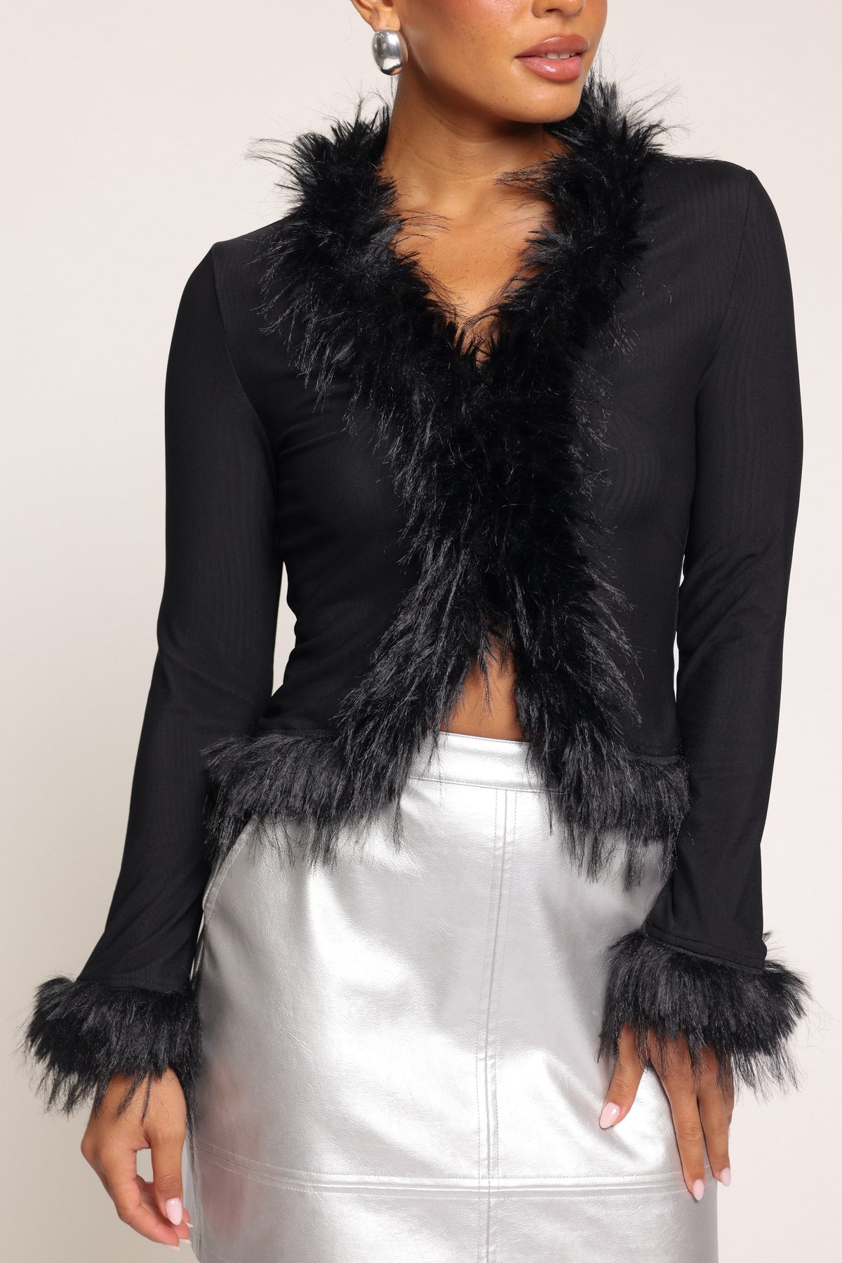 TOPS Katerina Fur Trim Top - Black