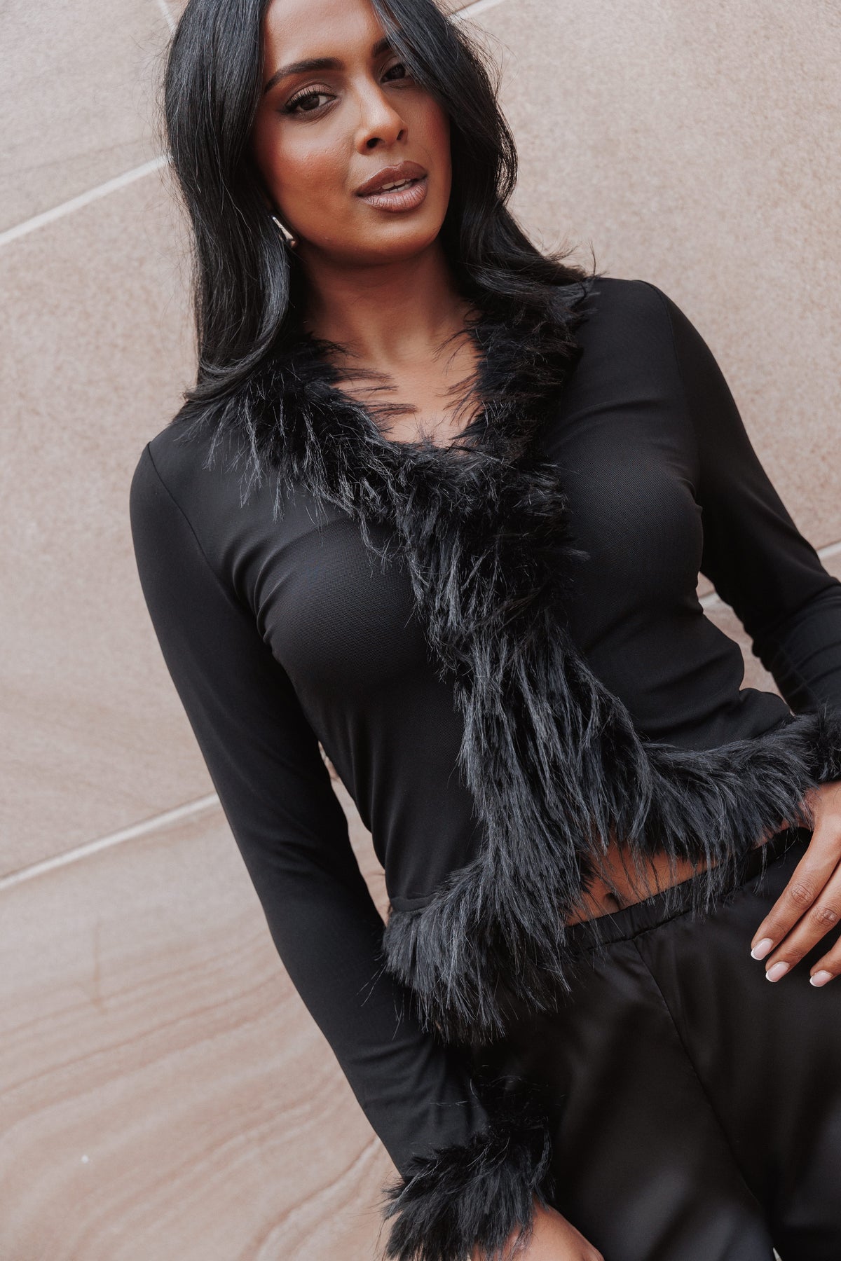 TOPS Katerina Fur Trim Top - Black